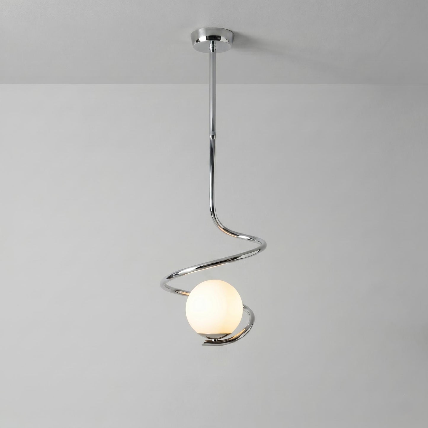 Sculptural Spiral Brass Pendant Light – 6” Opal Globe Chandelier, Minimalist Ceiling Lamp