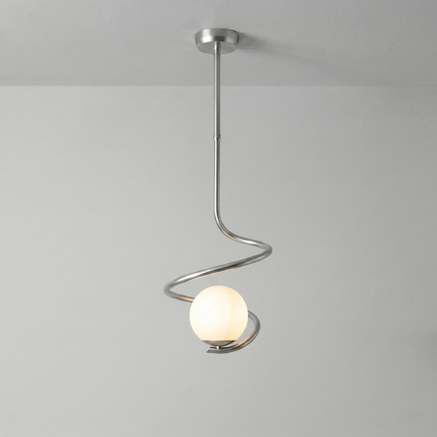 Sculptural Spiral Brass Pendant Light – 6” Opal Globe Chandelier, Minimalist Ceiling Lamp