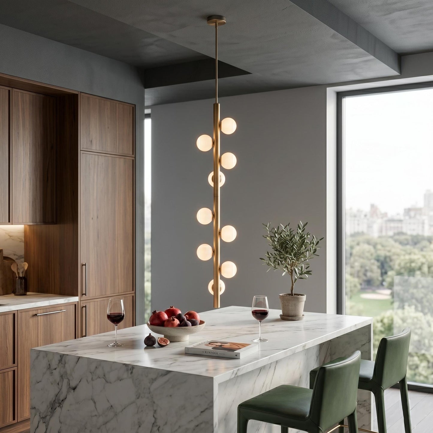 Luxury Brass Globe Chandelier | 76" Vertical Pendant Light, Opal Glass Globes
