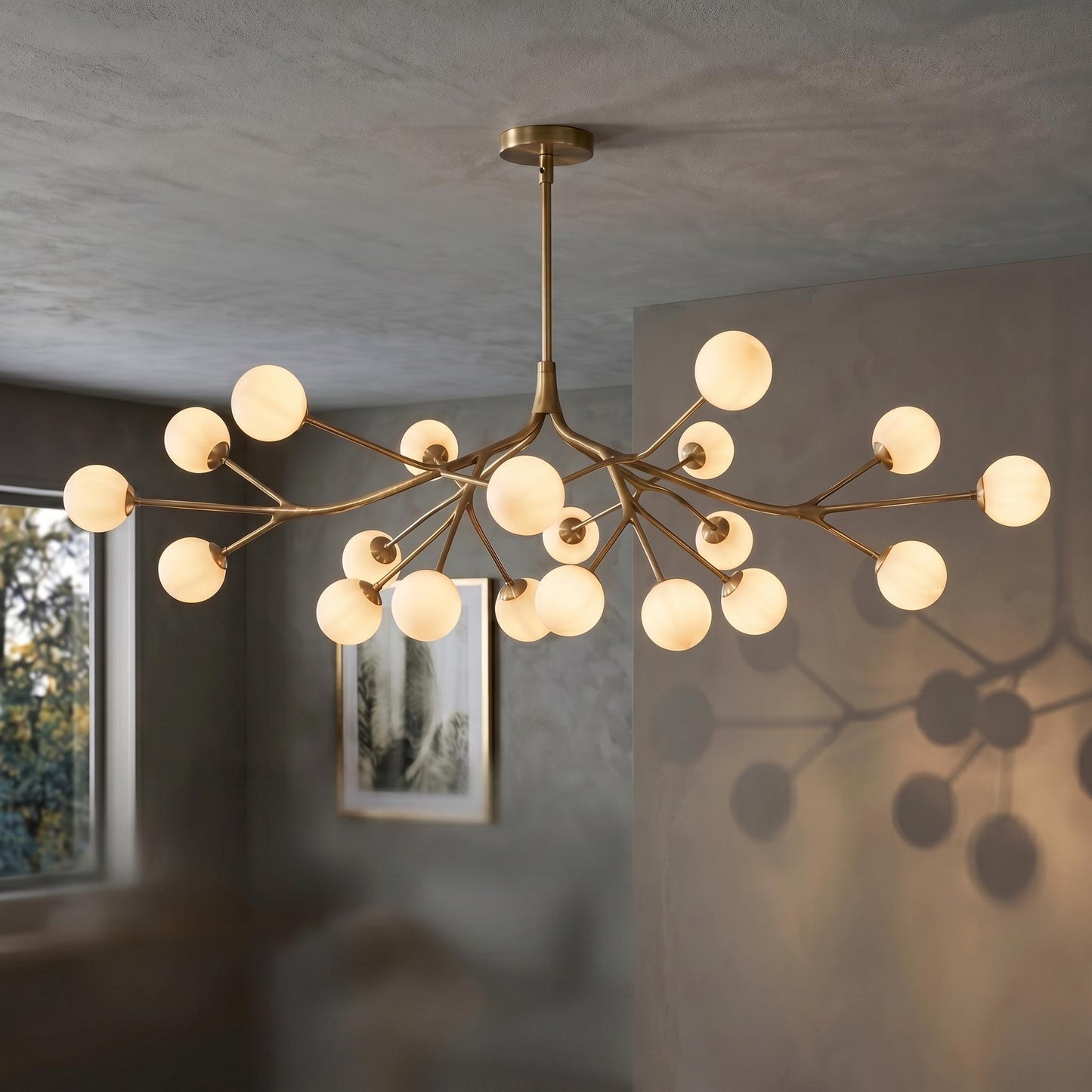 Luxury Brass Branch Chandelier – 20 Light Mid Century Opal Glass Fixture, Modern Statement Light