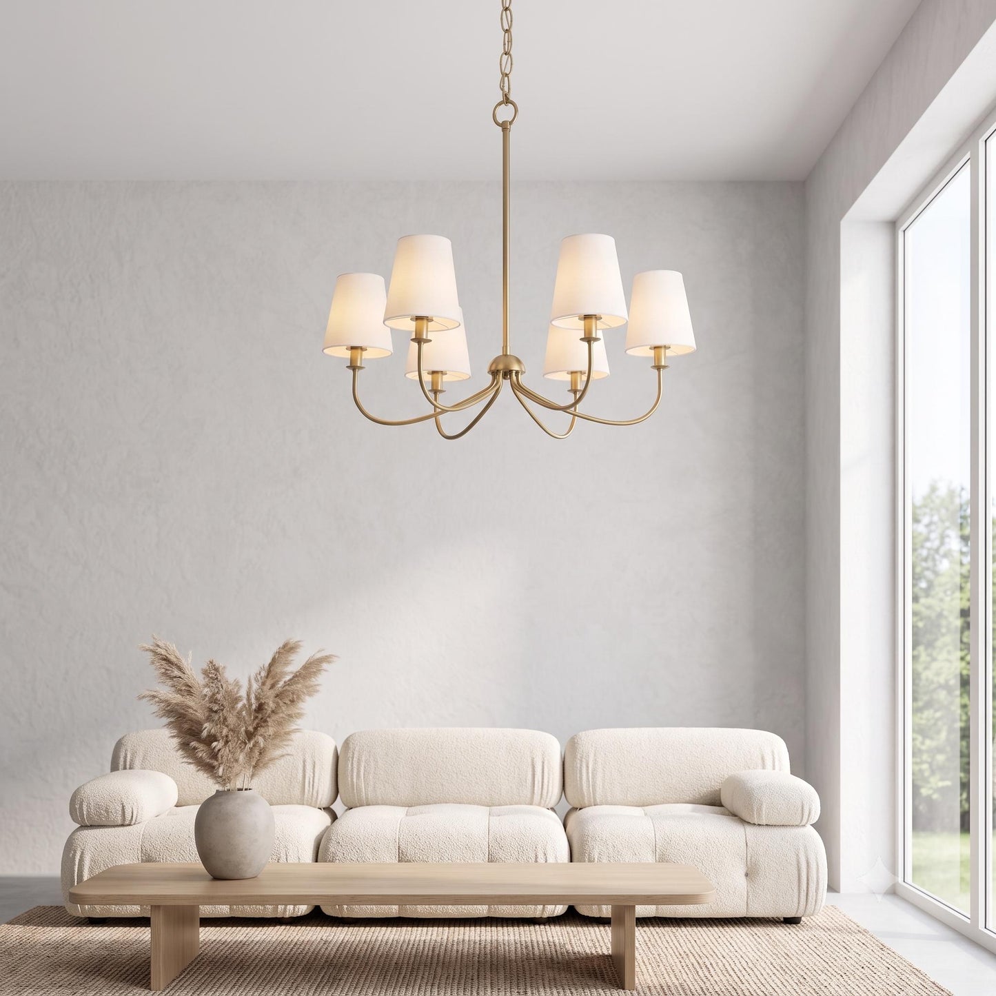 Modern Brass 6-Light Chandelier, Mid Century Pendant Light, White Fabric Shade Ceiling Light, Dining Room Kitchen Island Lighting