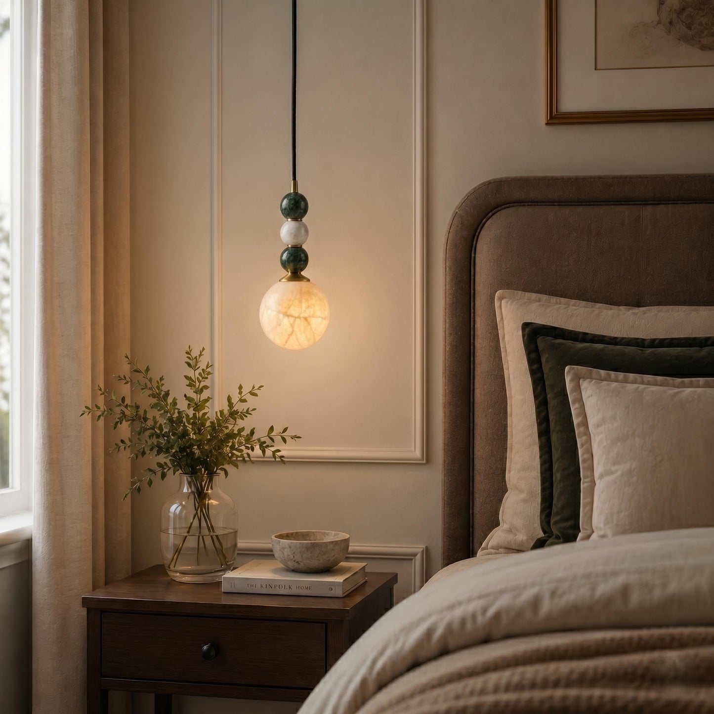 Alabaster Globe Pendant Light, Brass Hanging Lamp, Stone Beaded Pendant, Luxury Kitchen Island Lighting