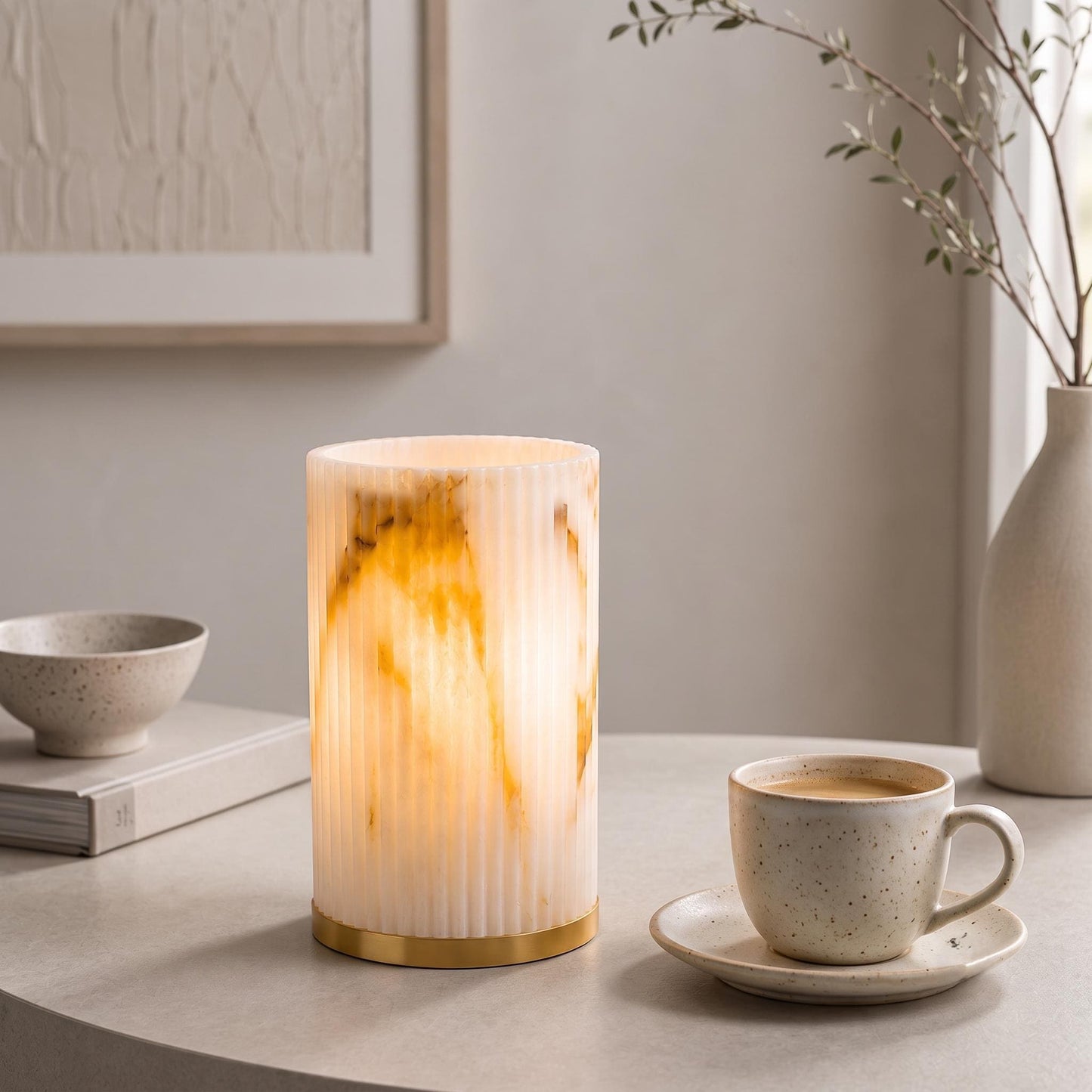 Modern Alabaster Table Lamp, Marble Effect Bedside Lamp, Ribbed Stone Accent Light, Brass Base, Minimal Home Decor