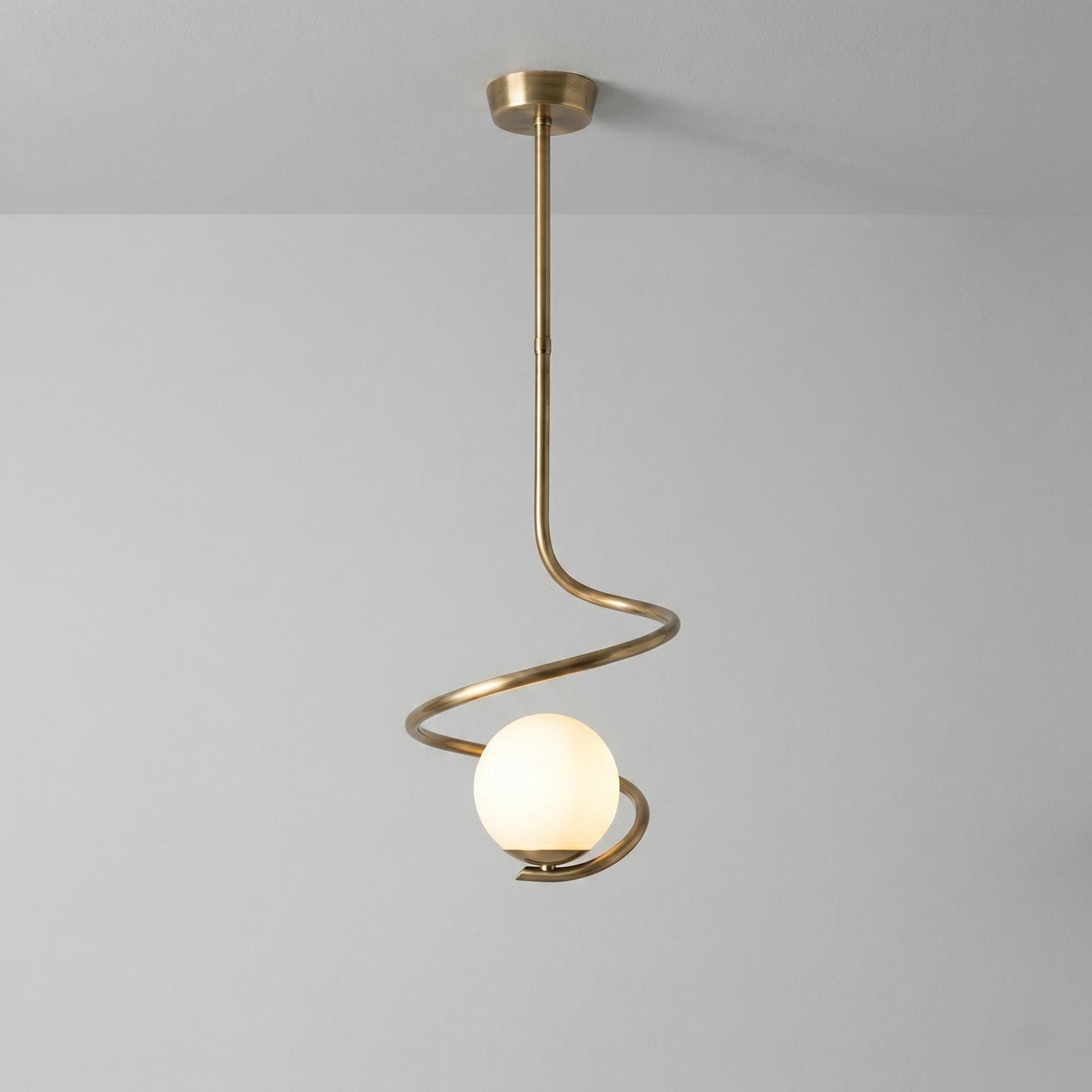 Sculptural Spiral Brass Pendant Light – 6” Opal Globe Chandelier, Minimalist Ceiling Lamp