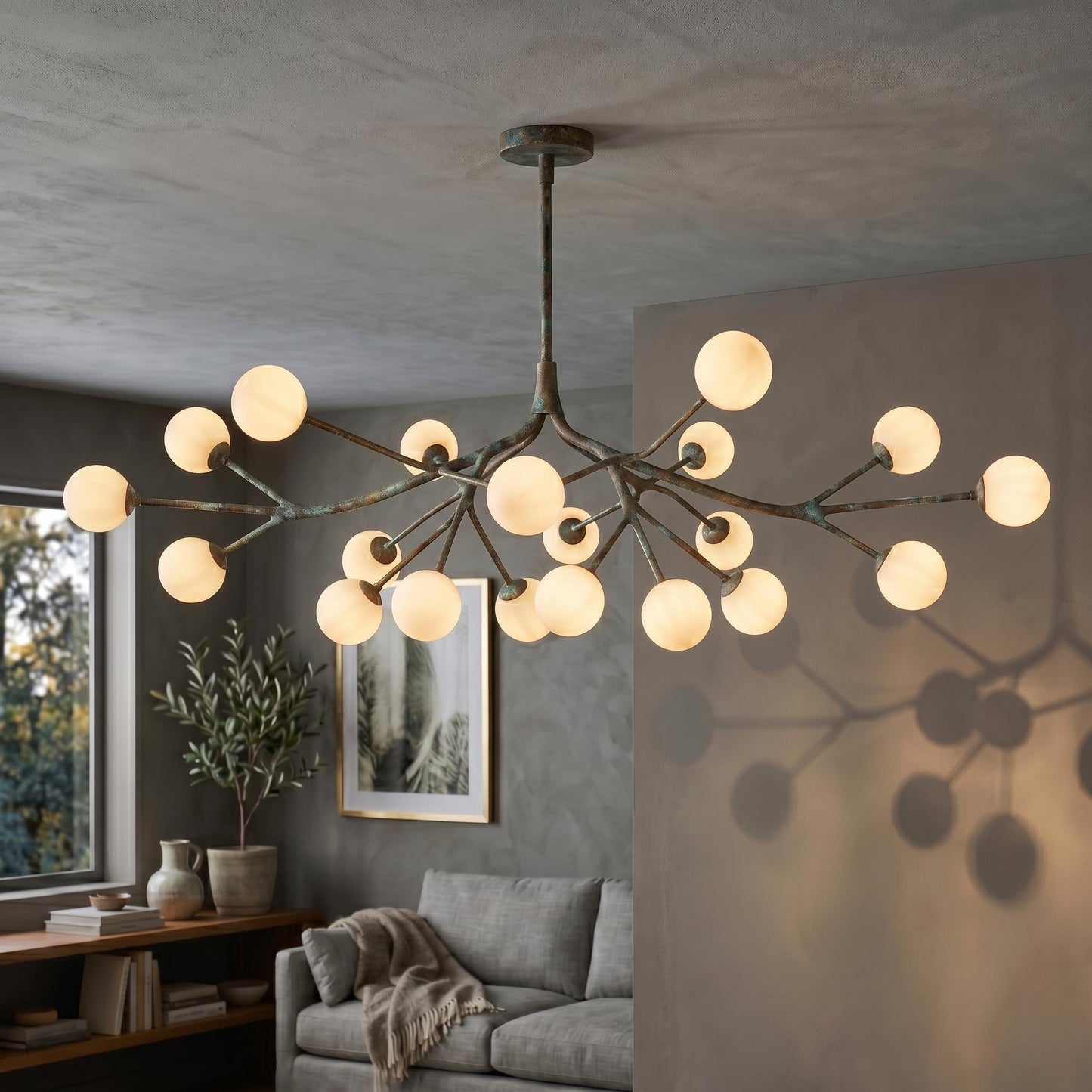Luxury Brass Branch Chandelier – 20 Light Mid Century Opal Glass Fixture, Modern Statement Light