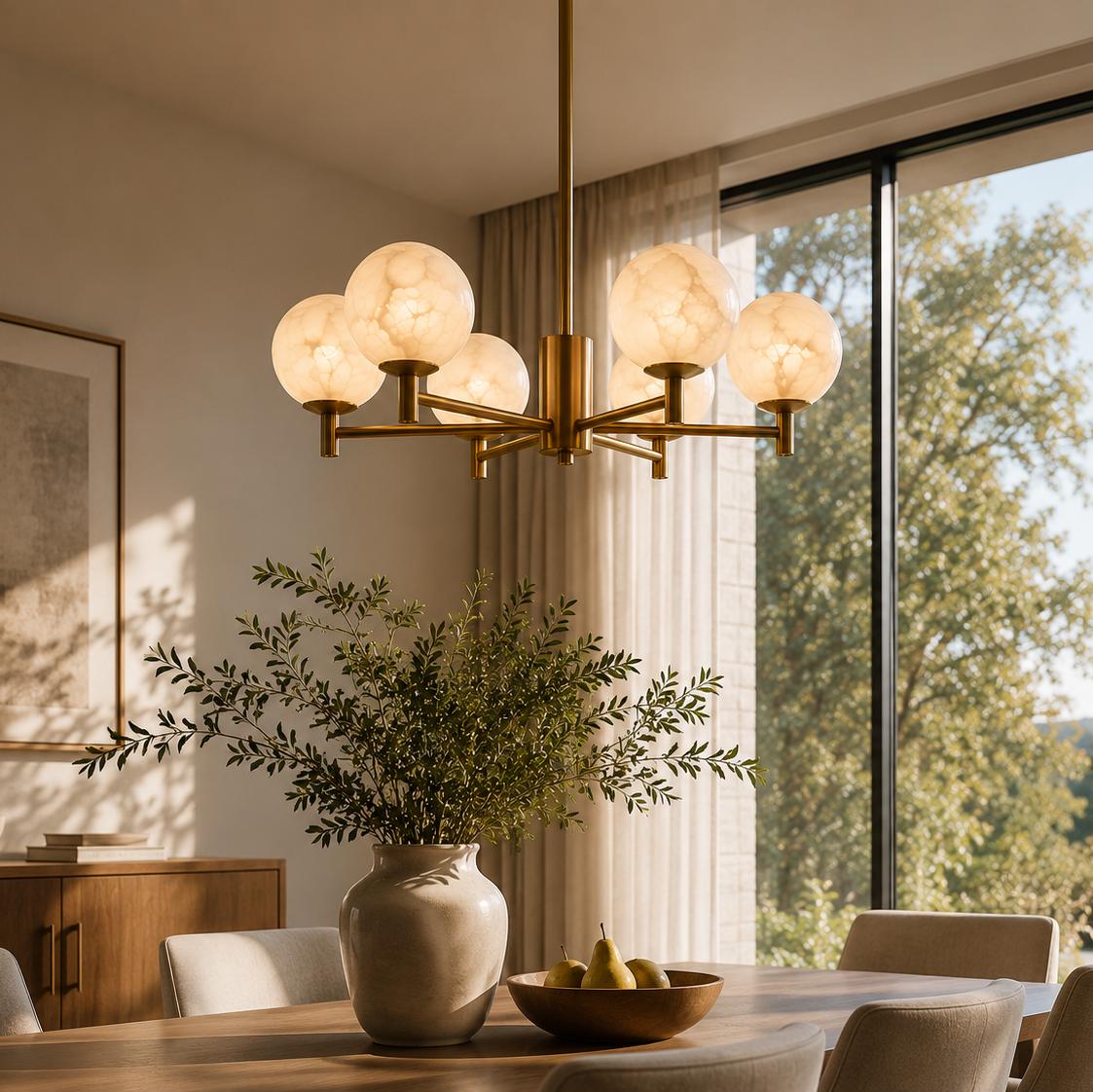 Alabaster Globe Chandelier, 6 Light Brass Ceiling Fixture, Modern Dining Room Lighting, Luxury Stone Chandelier
