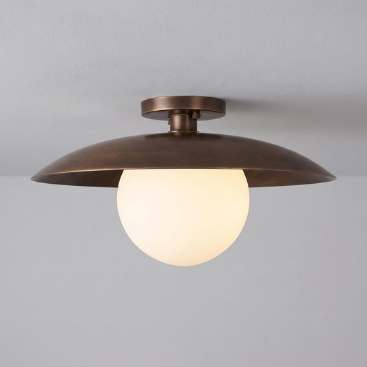 Modern Brass Flush Mount Ceiling Light, Opal Glass Globe Light, Mid Century Ceiling Fixture, Minimalist Brass Hallway Light