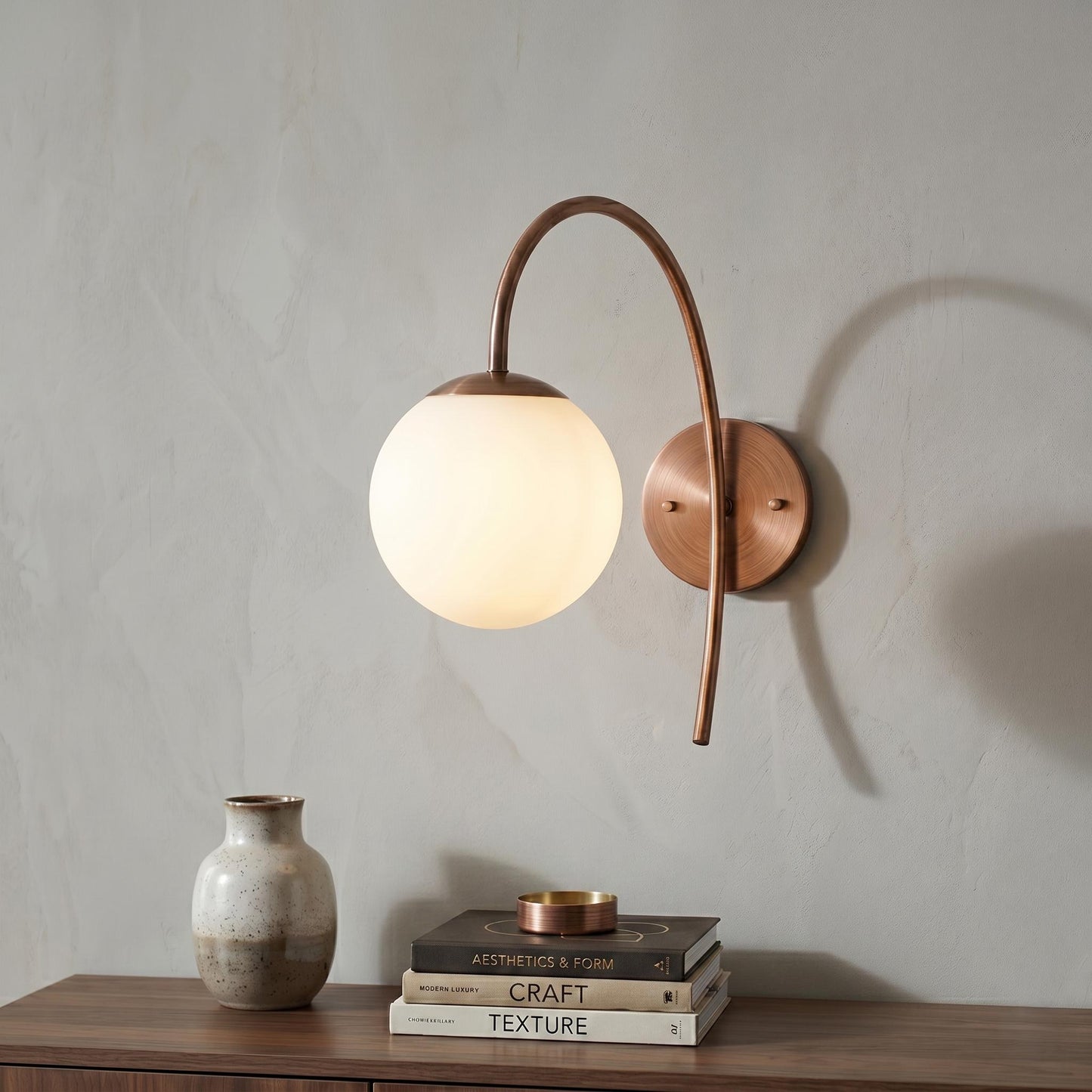 Arched Brass Wall Sconce, Opal Globe Light, Mid Century Arched Lamp, Bedside Lighting