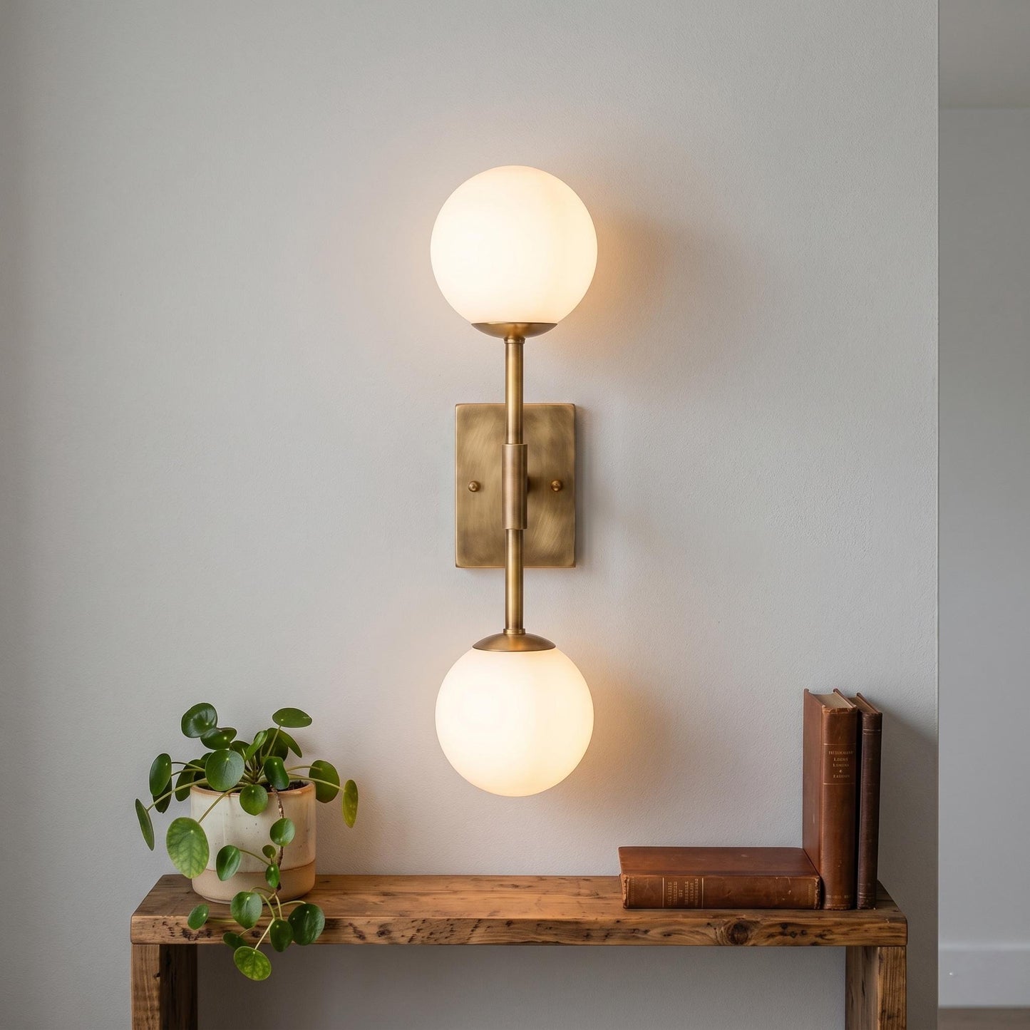 Minimal Brass Double Globe Sconce, Vertical Mid Century Wall Lamp, Luxury Lighting