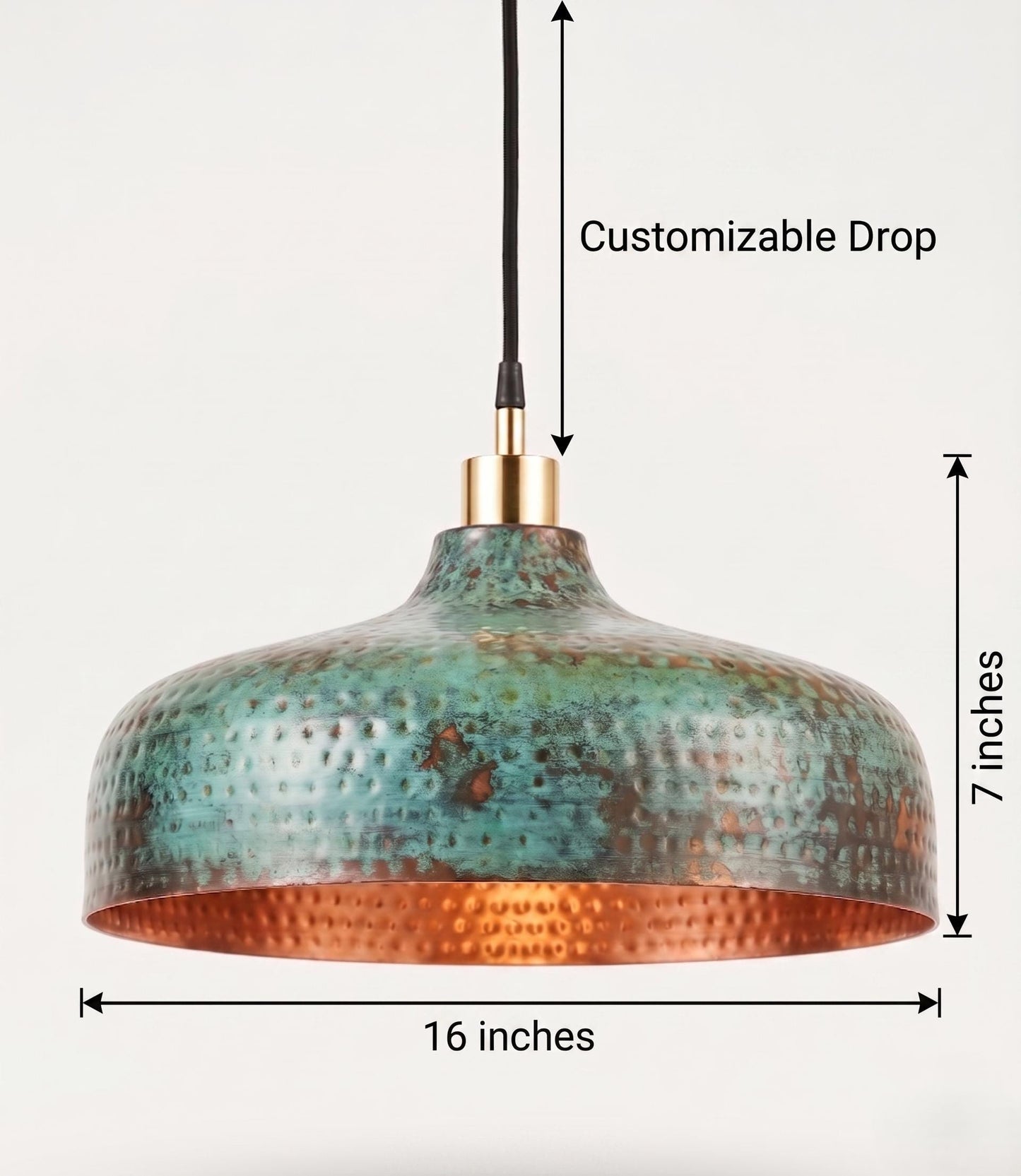Verdigris Copper Pendant Light, Hammered Dome Ceiling Light, Green Patina Hanging Lamp 16"