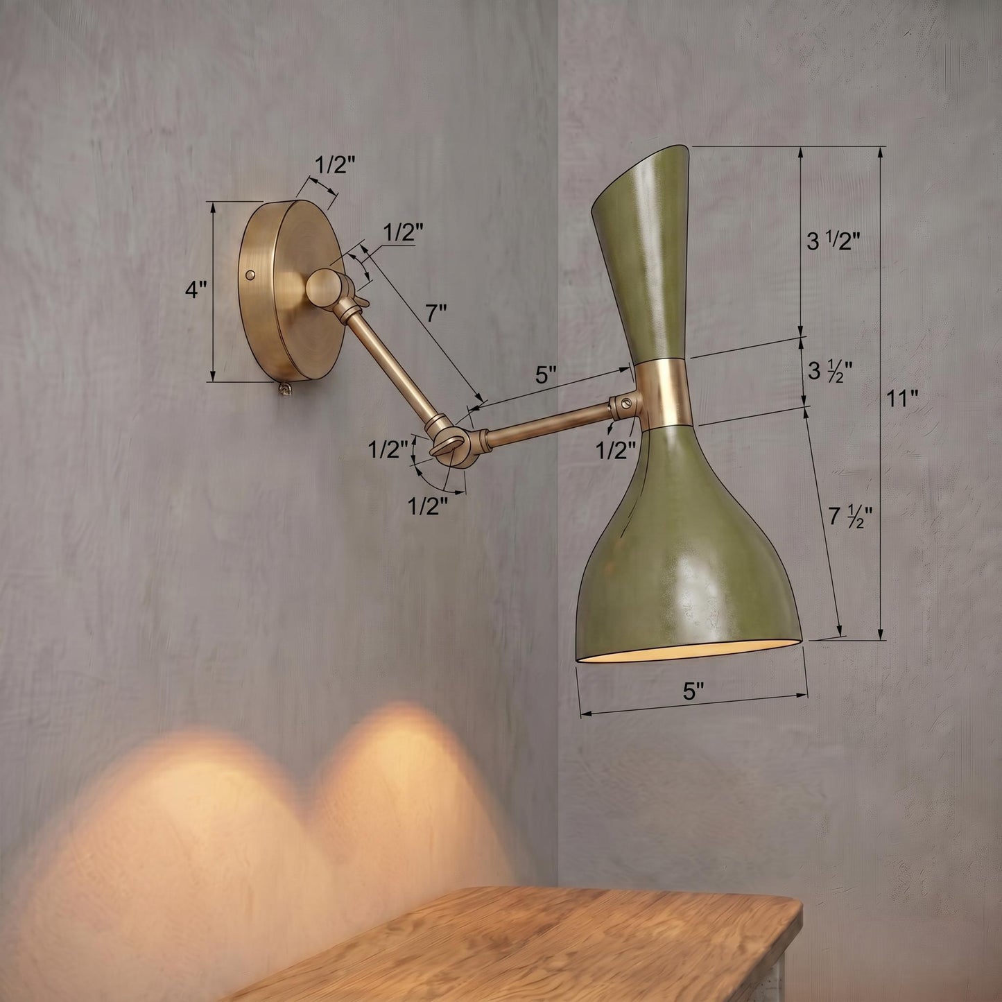 Adjustable Brass Swing Arm Sconce – Mid Century Modern Wall Light, Colorful Metal Shade