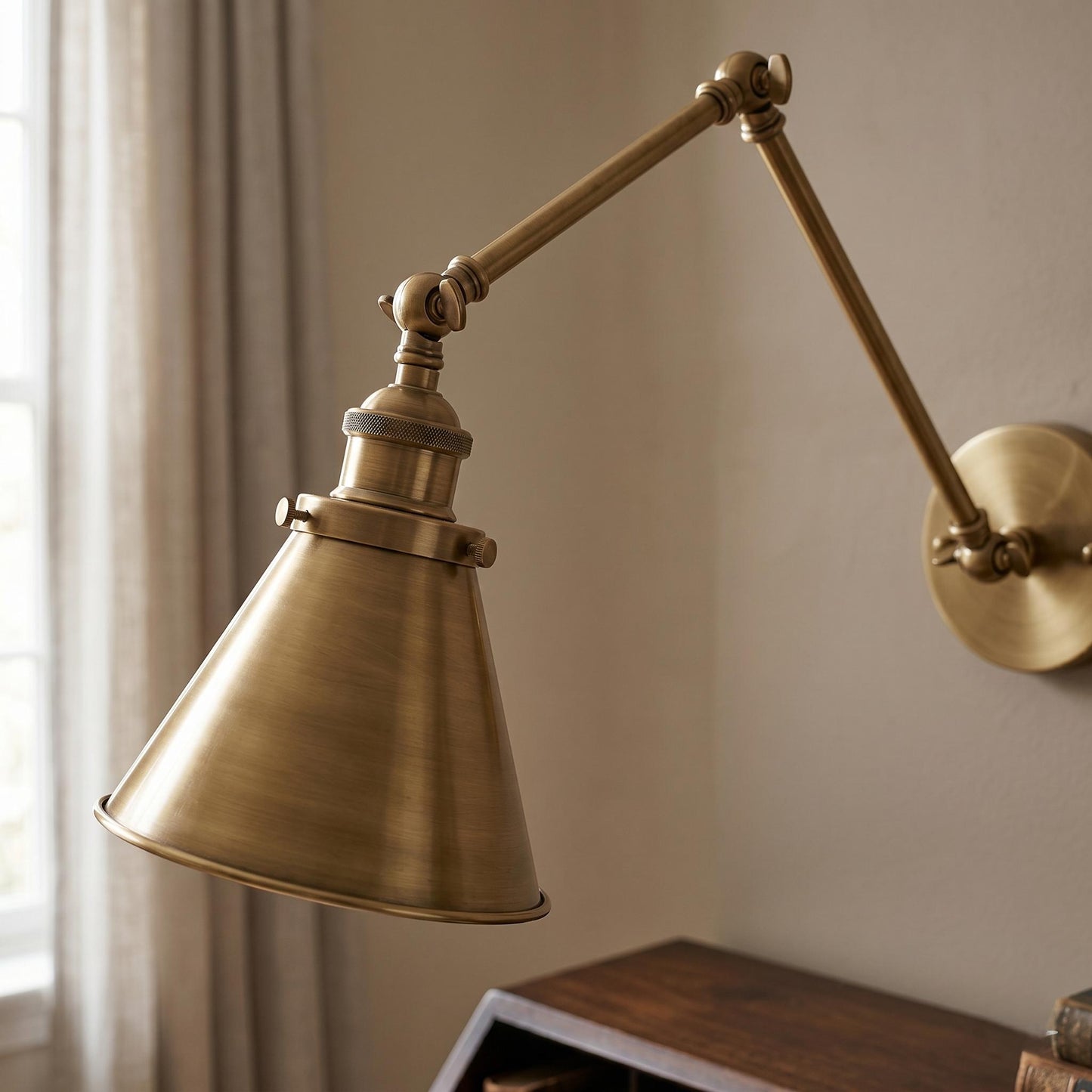 Handmade Solid Brass Swing Arm Wall Lamp, Industrial Bedside Lighting, Vintage Style Sconce