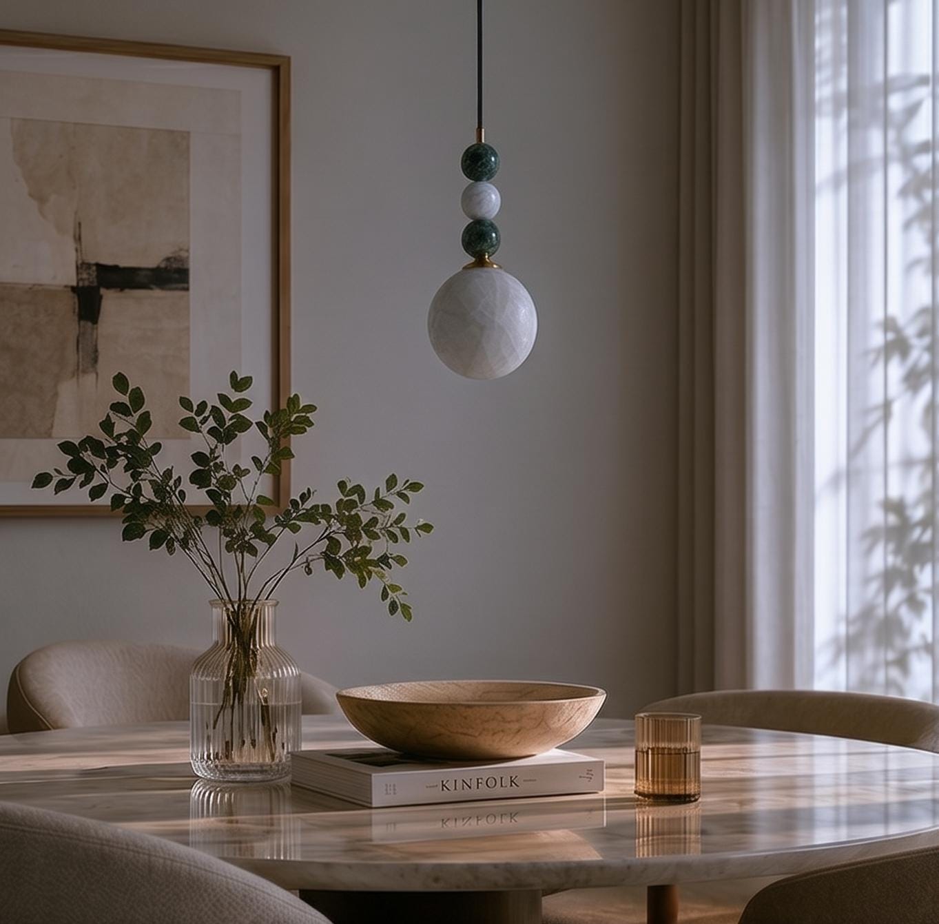 Alabaster Globe Pendant Light, Brass Hanging Lamp, Stone Beaded Pendant, Luxury Kitchen Island Lighting