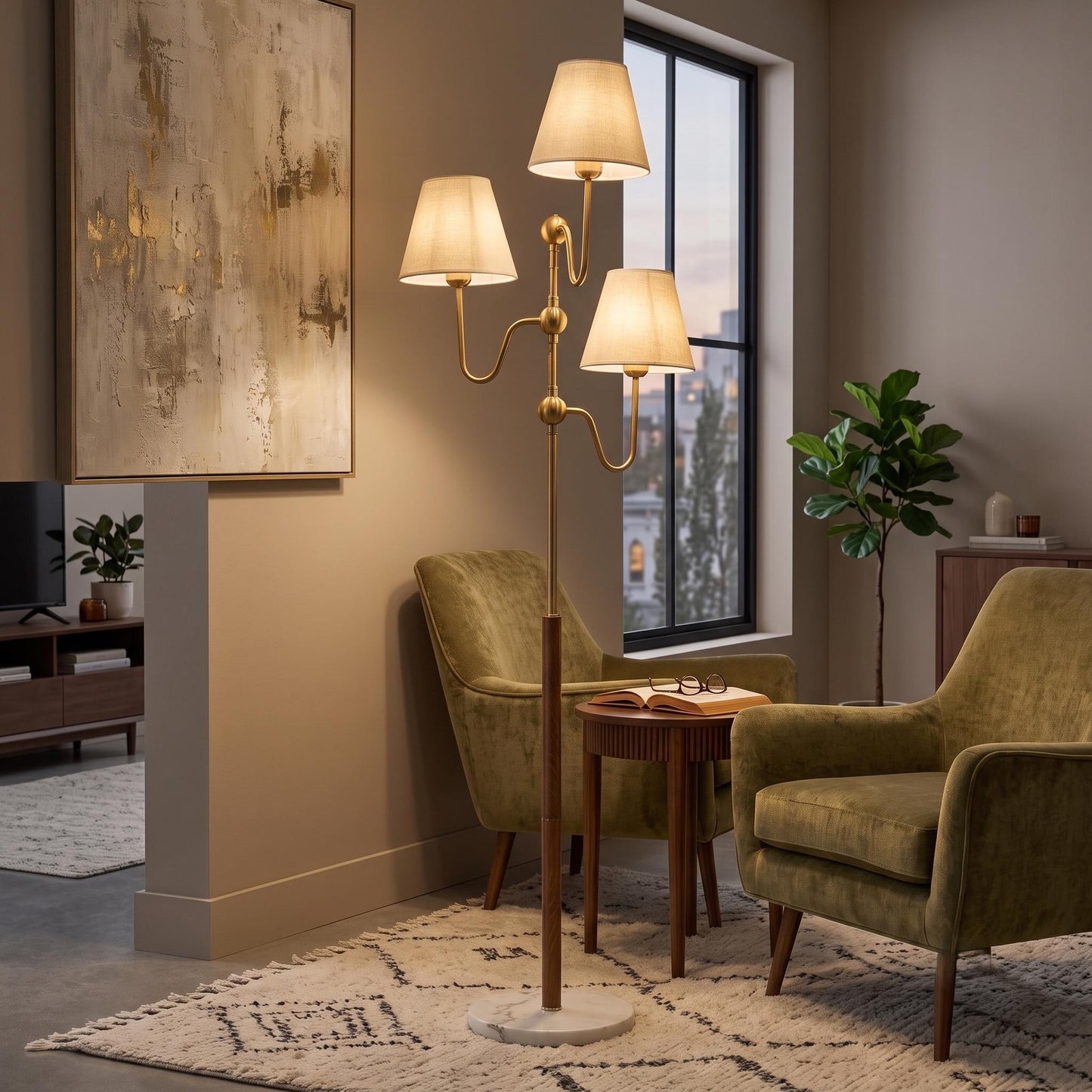 Modern Brass Floor Lamp, 3 Light Standing Lamp, Linen Shade Floor Light, Marble Base Floor Lamp, Leather Wrapped Floor Lamp, Luxury Living