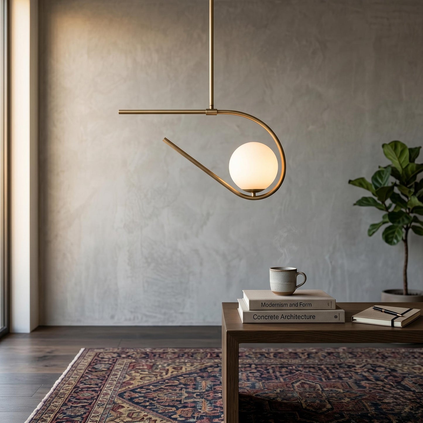 Sculptural Brass Chandelier – 6” Opal Globe Ceiling Light – Minimalist Artistic Pendant – Luxury Statement Lighting Fixture