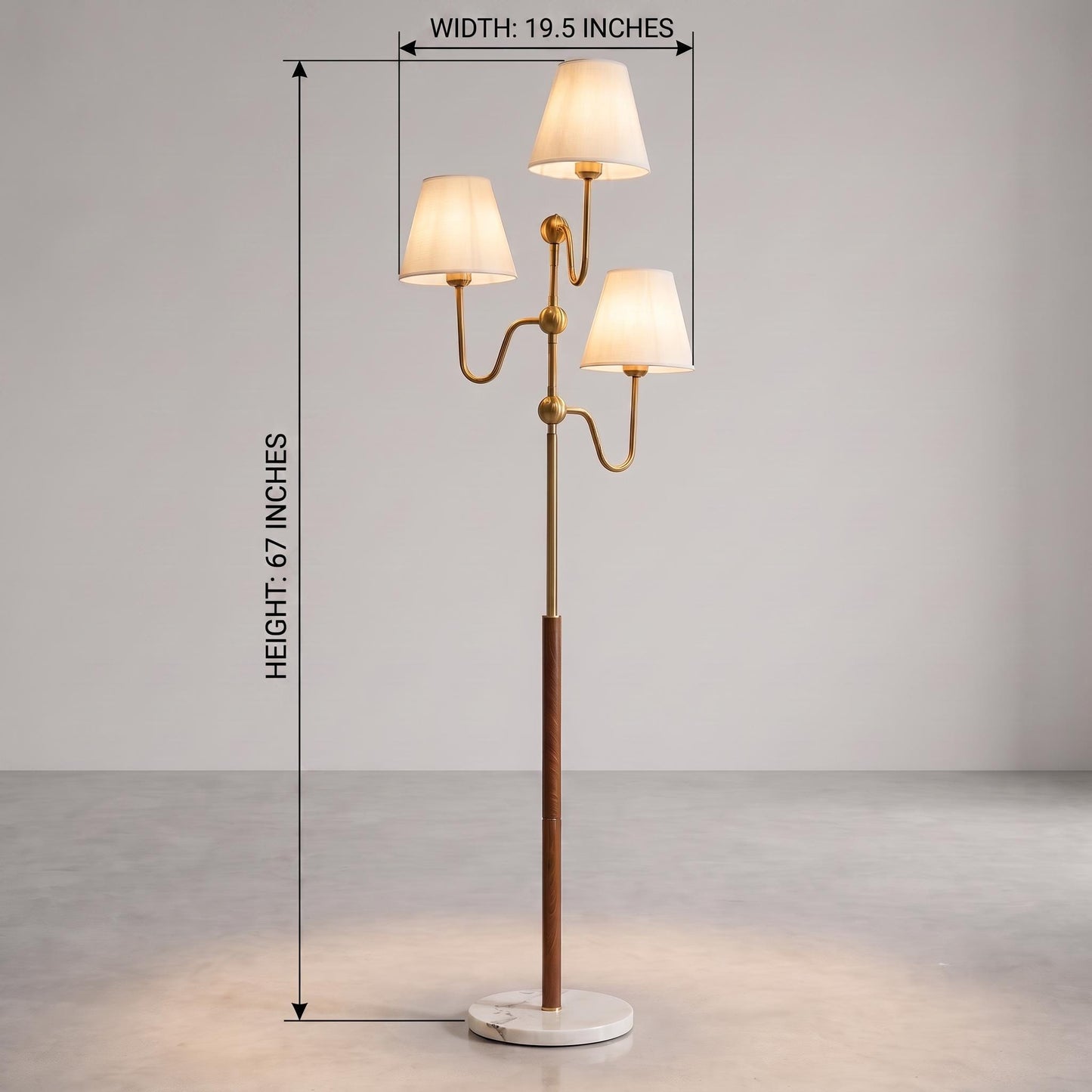 Modern Brass Floor Lamp, 3 Light Standing Lamp, Linen Shade Floor Light, Marble Base Floor Lamp, Leather Wrapped Floor Lamp, Luxury Living