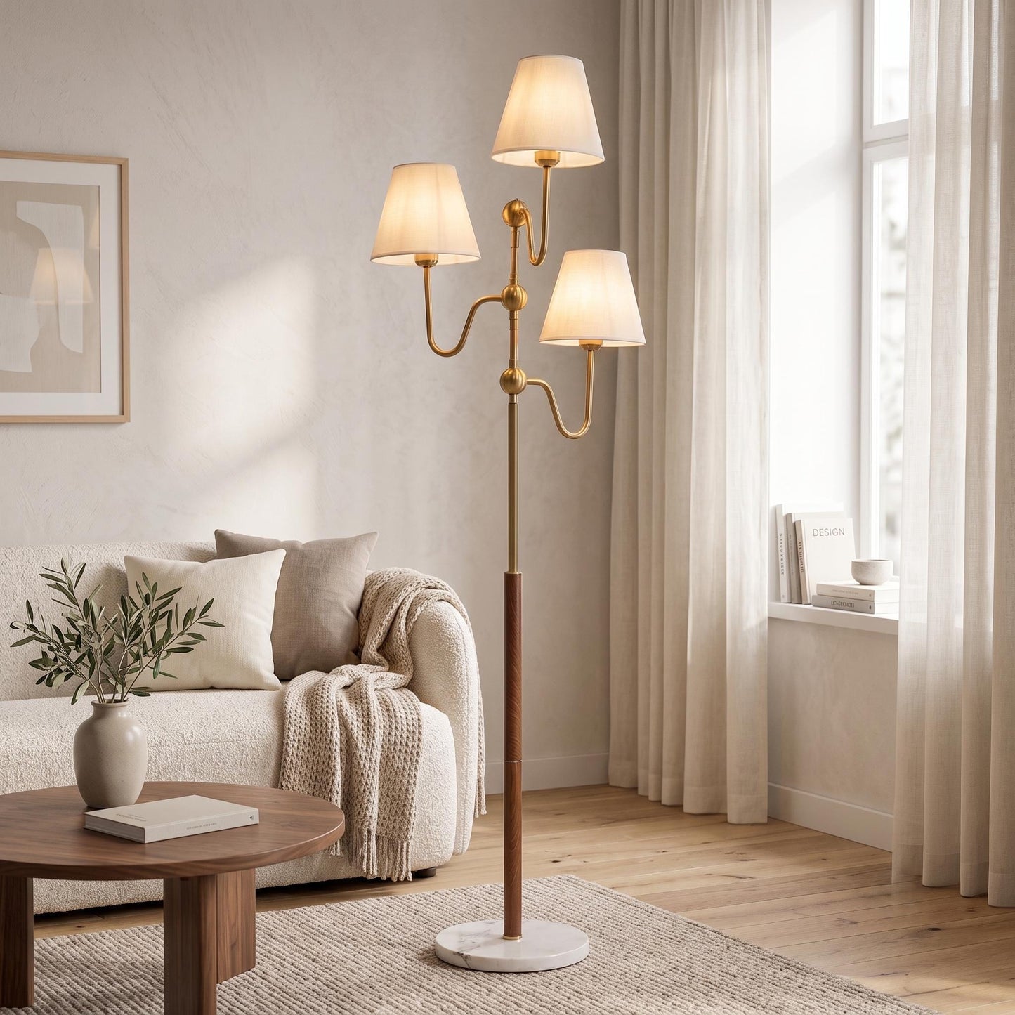 Modern Brass Floor Lamp, 3 Light Standing Lamp, Linen Shade Floor Light, Marble Base Floor Lamp, Leather Wrapped Floor Lamp, Luxury Living
