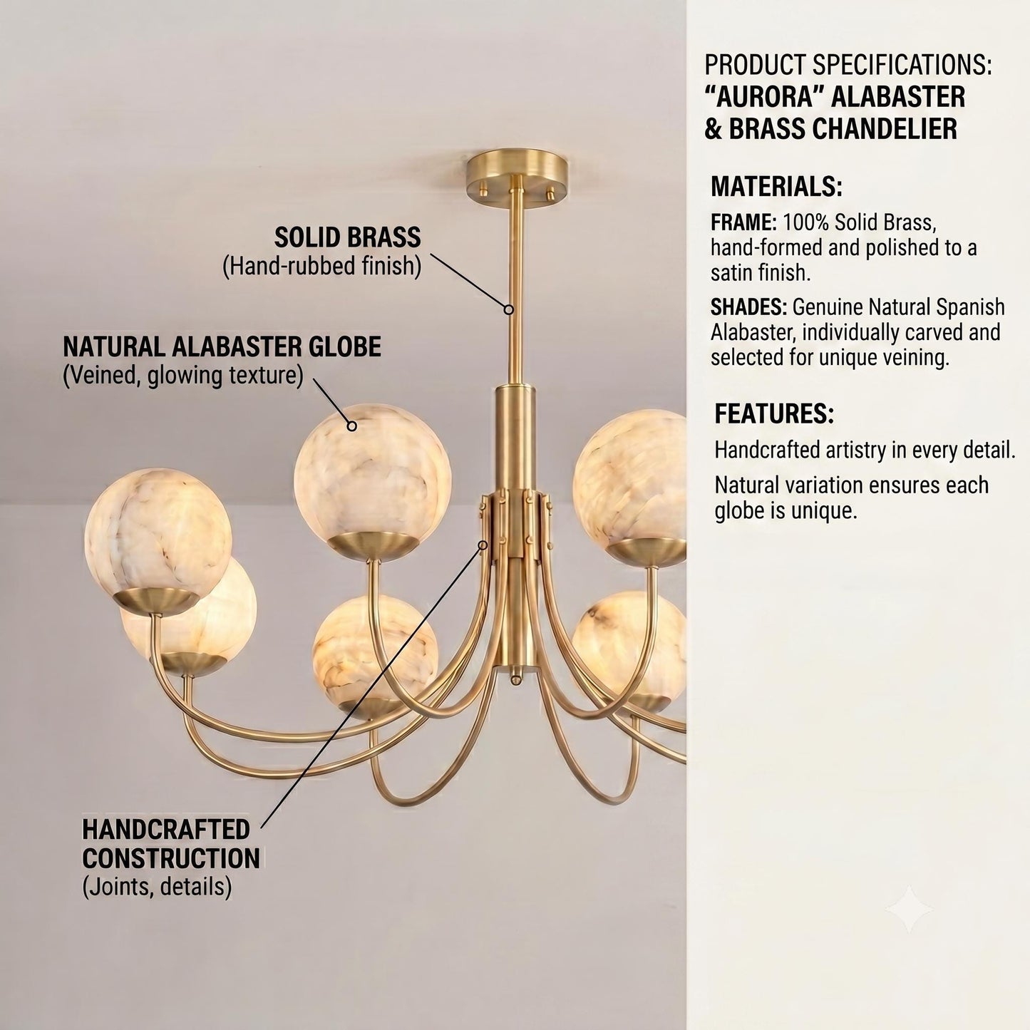 Natural Alabaster Globe Chandelier | 8 Light Brass Chandelier | Custom Finish Ceiling Light | Luxury Dining Room Lighting