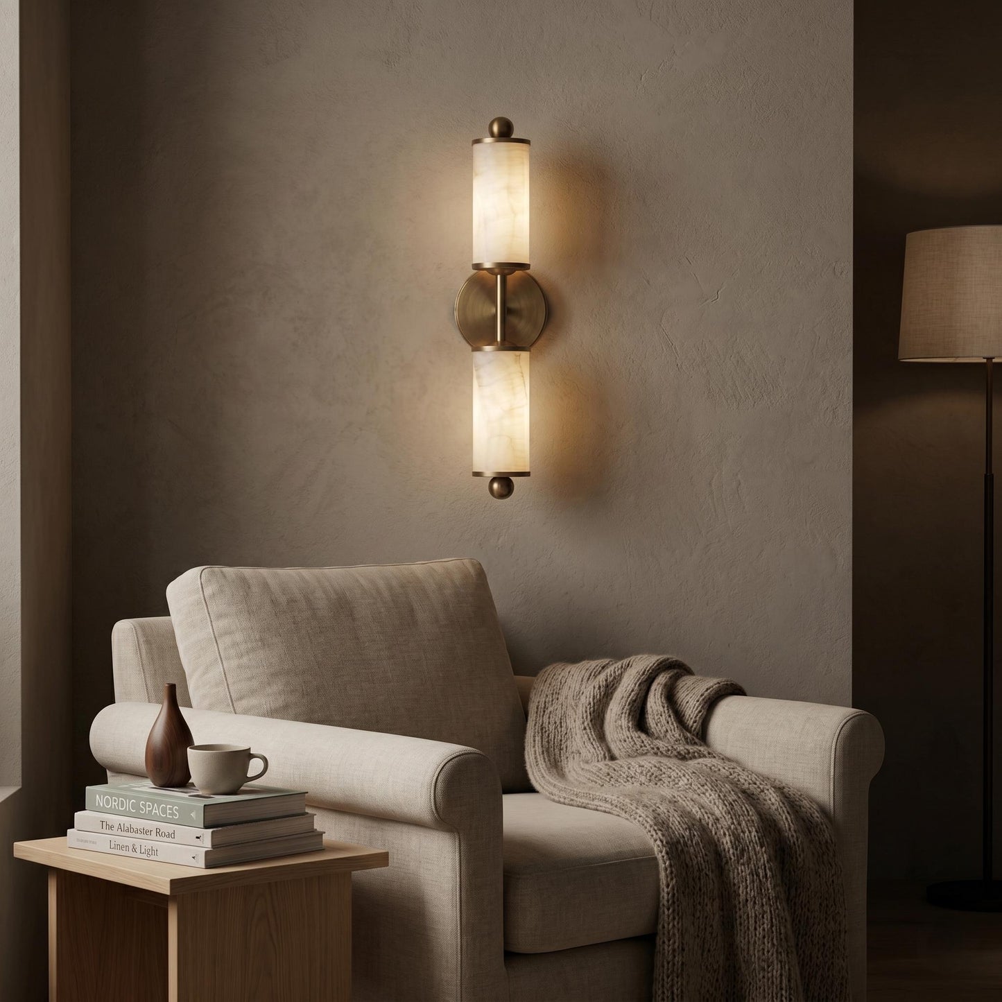 Natural Alabaster Wall Sconce, Brass Wall Light, Double Cylinder Sconce, Luxury Bathroom Vanity Light, Custom Finish Fixture