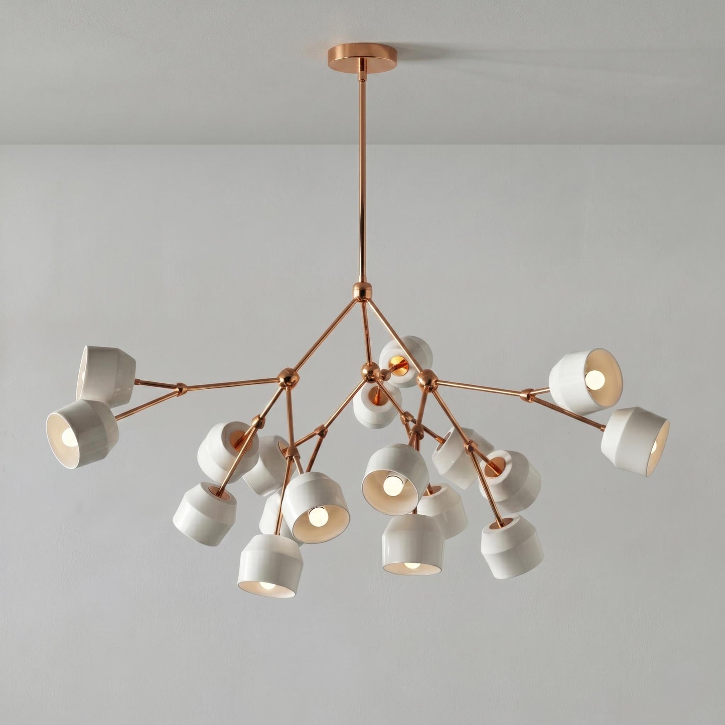 Architectural Large Branching Chandelier, Ceramic Bell Shade Pendant, Mid-Century Modern Dining Lighting