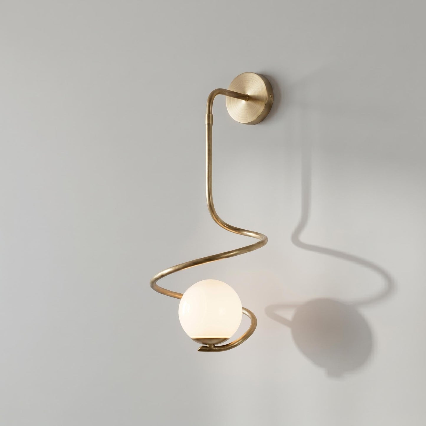 Sculptural Brass Spiral Sconce – Large Modern Opal Glass Globe Lighting Fixture