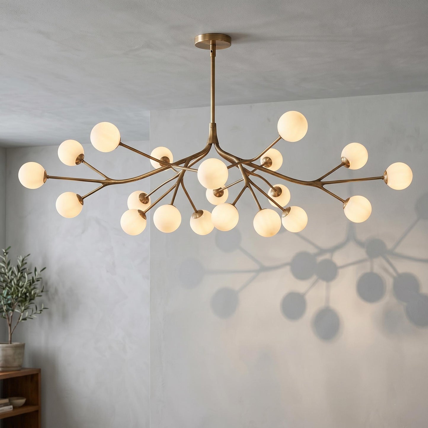 Luxury Brass Branch Chandelier – 20 Light Mid Century Opal Glass Fixture, Modern Statement Light