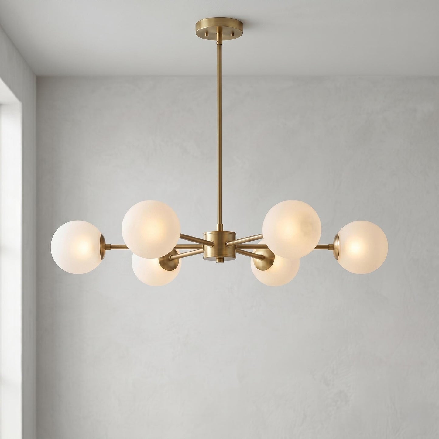 6 Light Globe Chandelier, Modern Brass Chandelier, Mid Century Ceiling Light, Frosted Globe Pendant, Dining Room Lighting