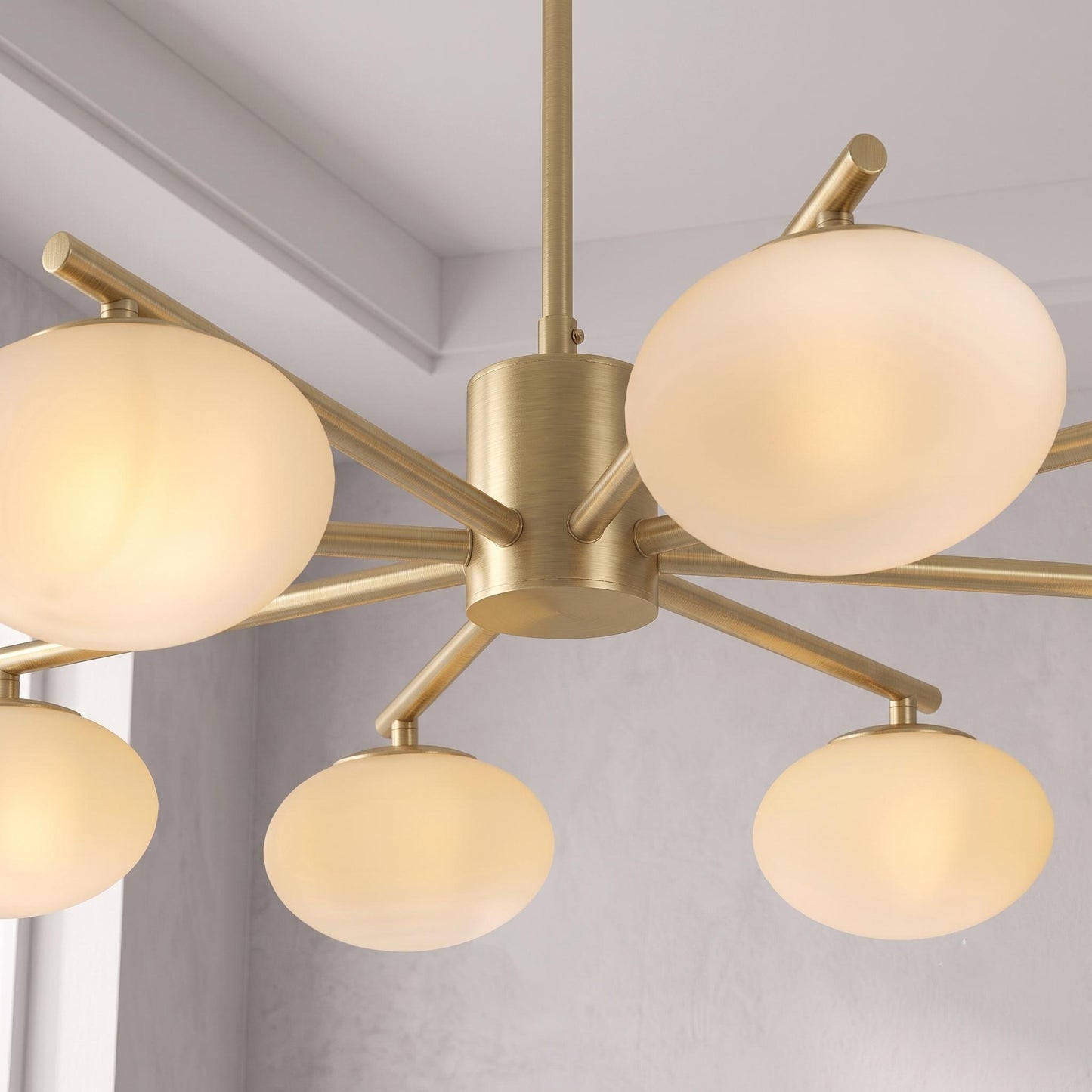 Brass Globe Chandelier, 8 Light Opal Glass Chandelier, Mid Century Ceiling Light, Dining Room Kitchen Island Fixture