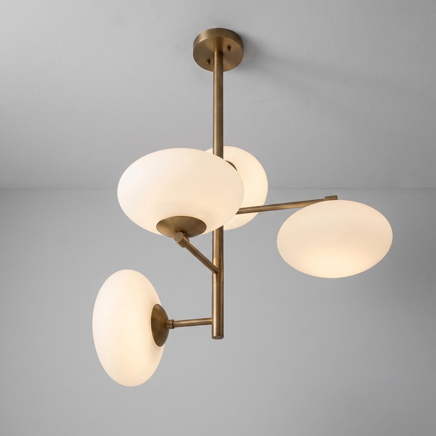 Modern Brass Opal Glass Chandelier, 4 Light Globe Pendant, Mid Century Ceiling Light, Contemporary Dining Room Fixture