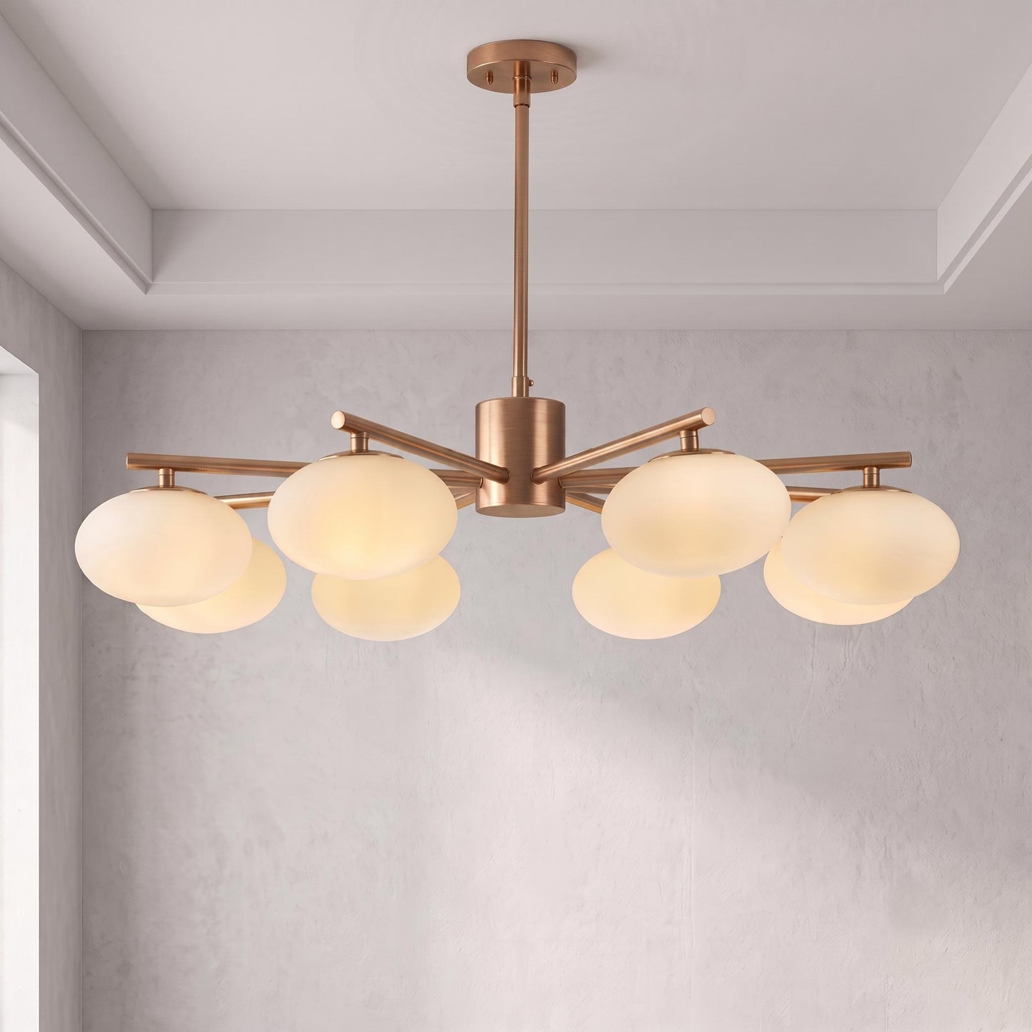 Brass Globe Chandelier, 8 Light Opal Glass Chandelier, Mid Century Ceiling Light, Dining Room Kitchen Island Fixture