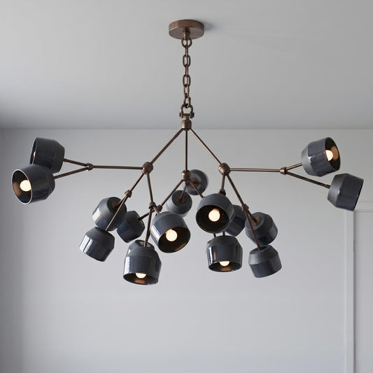 Architectural Large Branching Chandelier, Ceramic Bell Shade Pendant, Mid-Century Modern Dining Lighting
