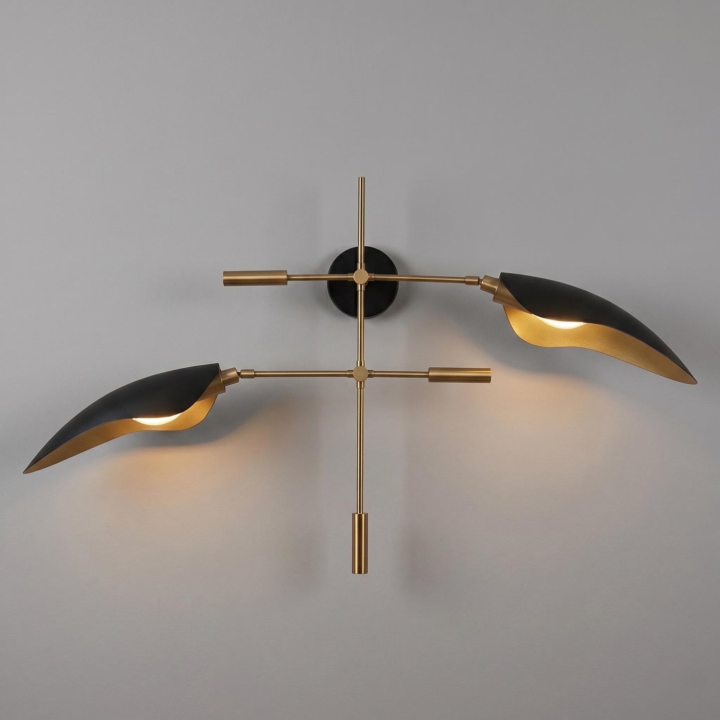 Luxury Brass Wall Sconce – 38 inches Sculptural Light, Black Metal Shades, Mid Century Fixture