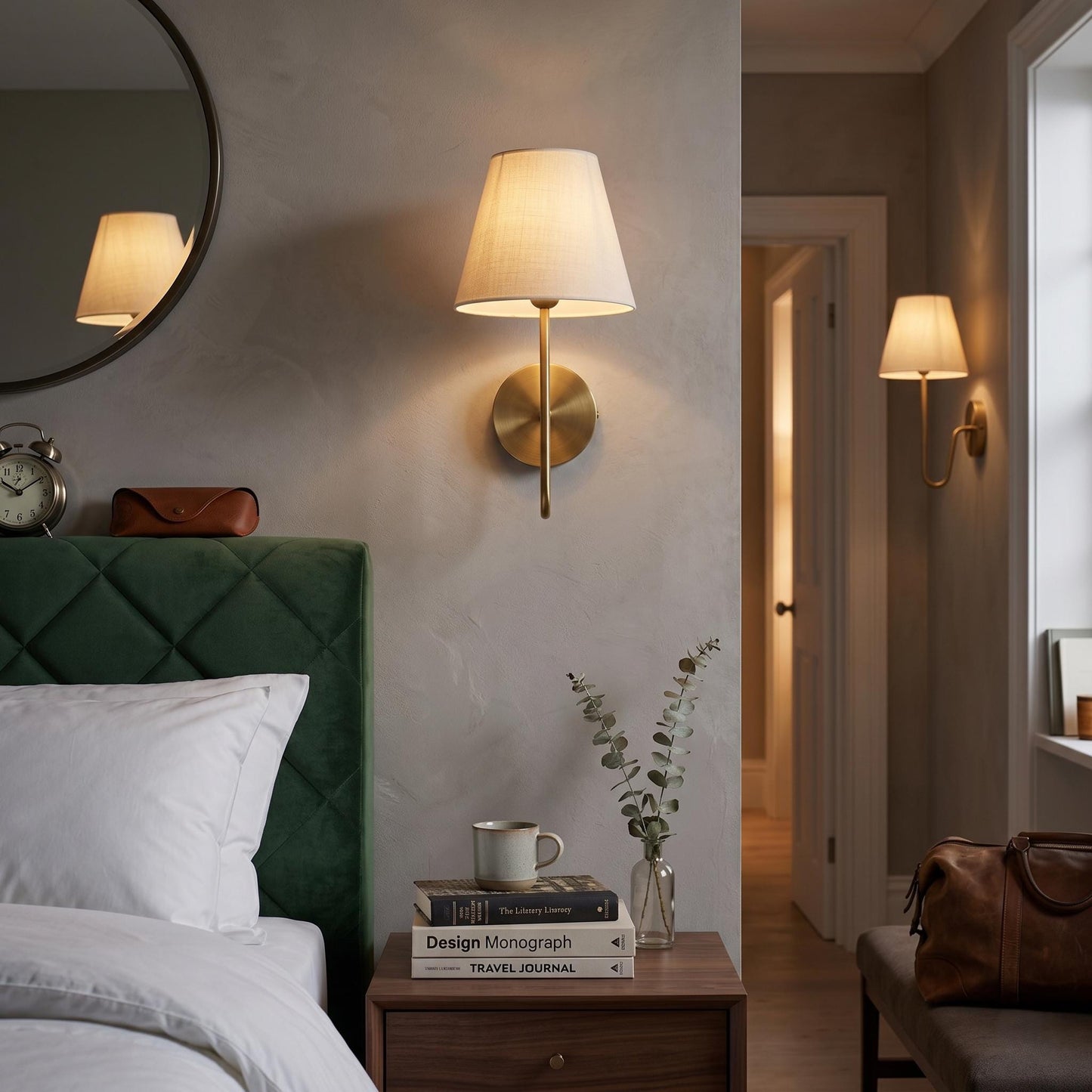 Modern Brass Wall Sconce – Minimalist Fabric Shade Bedside Lamp