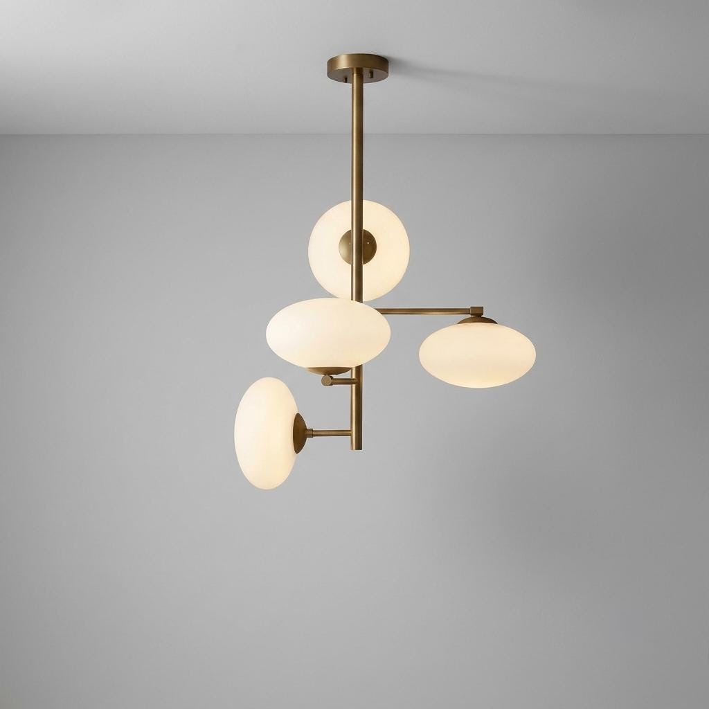 Modern Brass Opal Glass Chandelier, 4 Light Globe Pendant, Mid Century Ceiling Light, Contemporary Dining Room Fixture