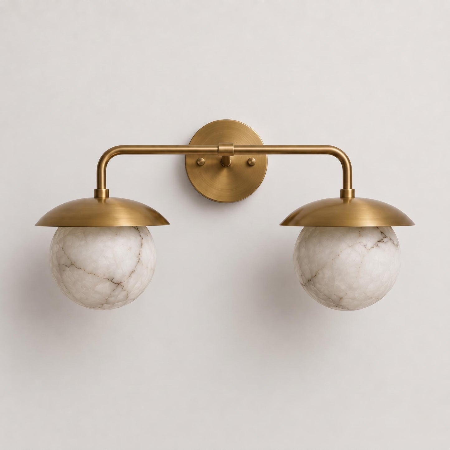 Double Alabaster Globe Wall Sconce, Brass Vanity Light, Modern Bathroom Wall Lamp, Luxury Natural Stone Lighting, Mid Century Wall Fixture