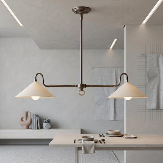 Dual Shade Brass Chandelier – Modern Linear Kitchen Island Lighting (Customizable Drop)