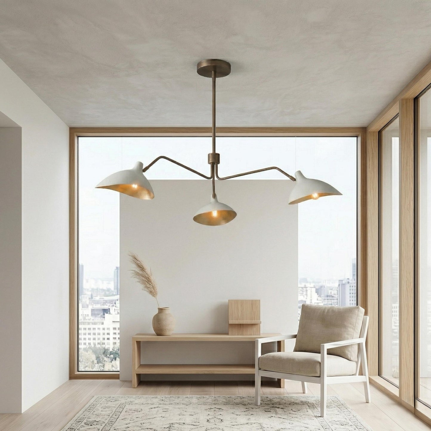 Mid Century Modern Brass 3-Arm Chandelier – Sculptural Pendant Lighting Fixture – 45" Wide Lamp