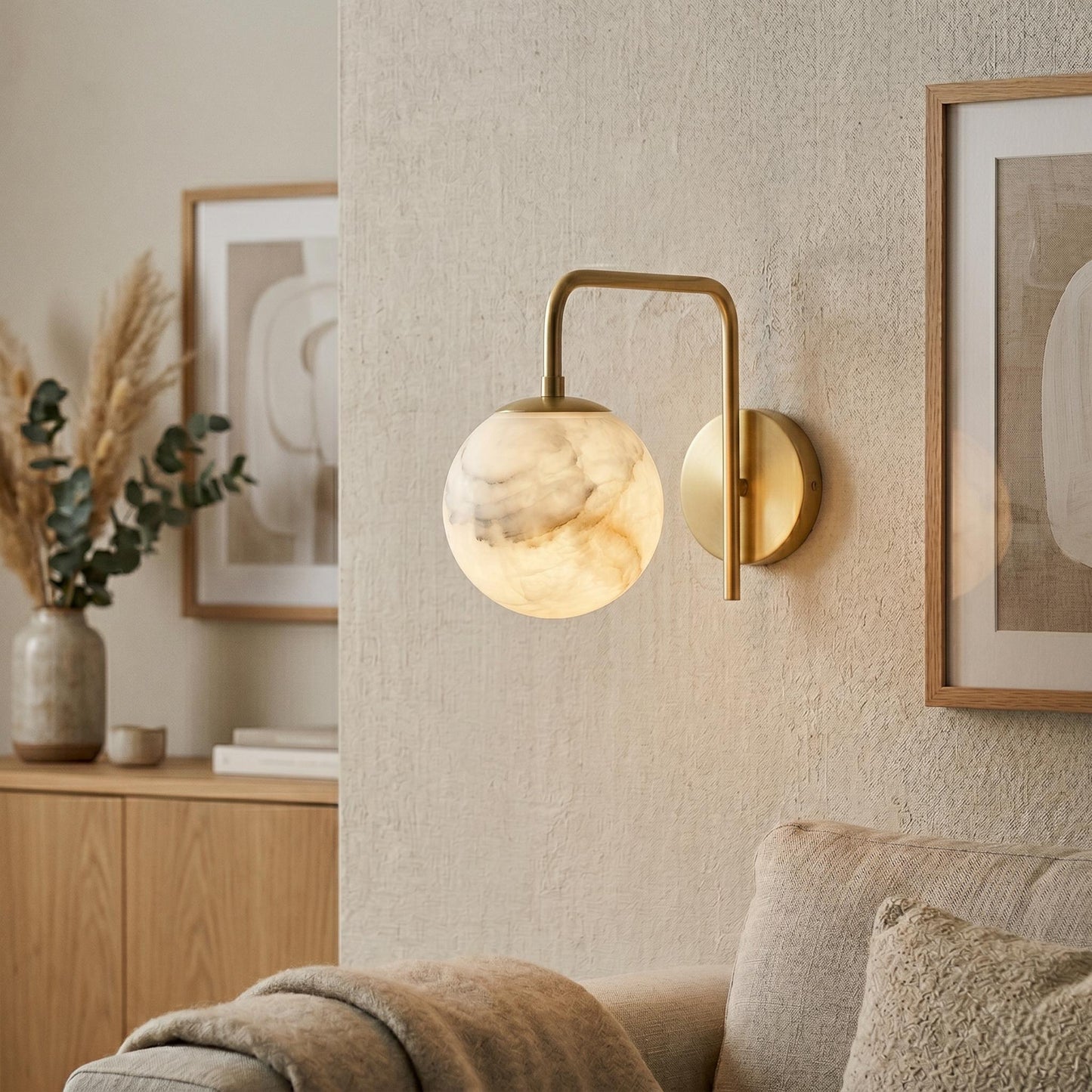 Alabaster Globe Wall Sconce, Brass Wall Light, Luxury Bathroom Vanity Light, Modern Stone Wall Fixture, Custom Finish