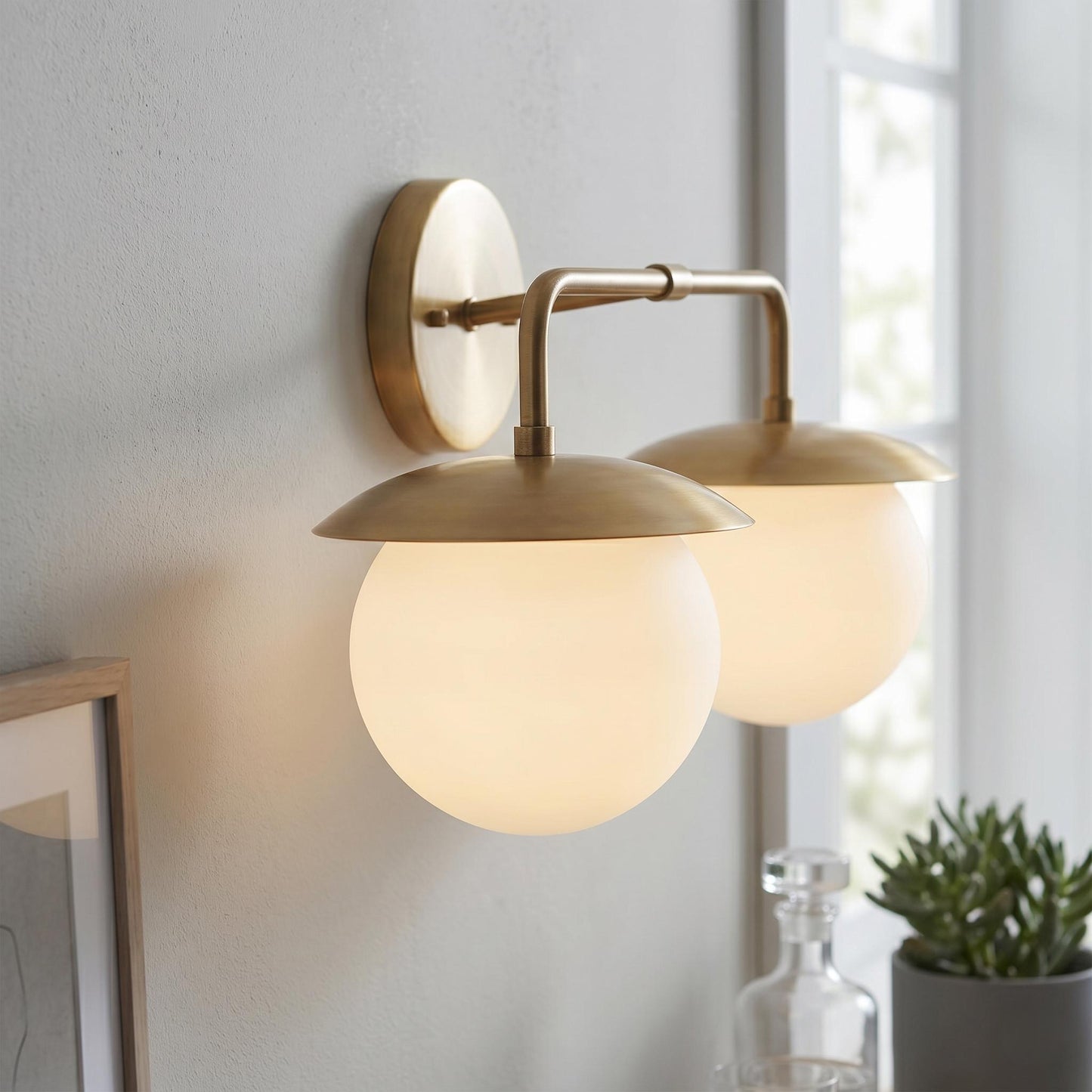 Brass Double Globe Wall Sconce – 22 Inches Mid Century Frosted Glass Lamp – Vanity Lighting