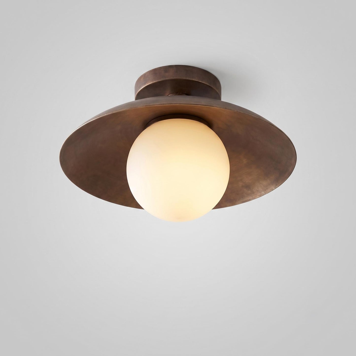 Modern Brass Flush Mount Ceiling Light for Sloped Ceilings, Opal Glass Globe, 12 Inch Shade, 6 Inch Globe, Custom Brass Ceiling Fixture