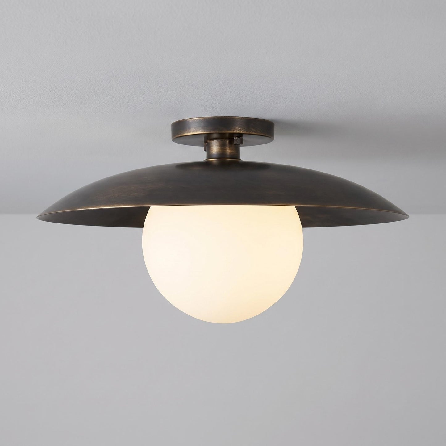 Modern Brass Flush Mount Ceiling Light, Opal Glass Globe Light, Mid Century Ceiling Fixture, Minimalist Brass Hallway Light