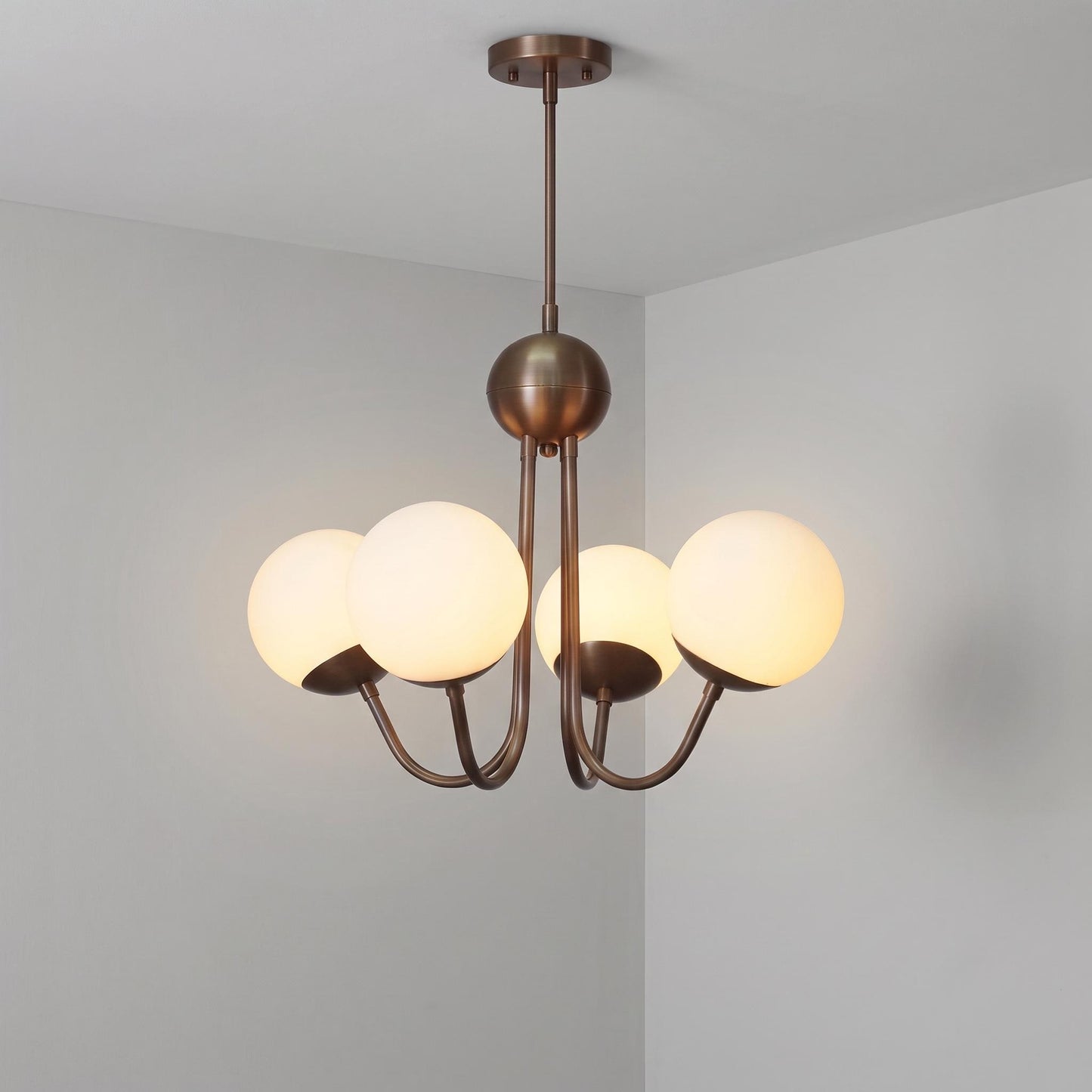 Modern Brass 4 Light Opal Glass Pendant, Mid Century Brass Chandelier, Contemporary Ceiling Light, Dining Room Fixture
