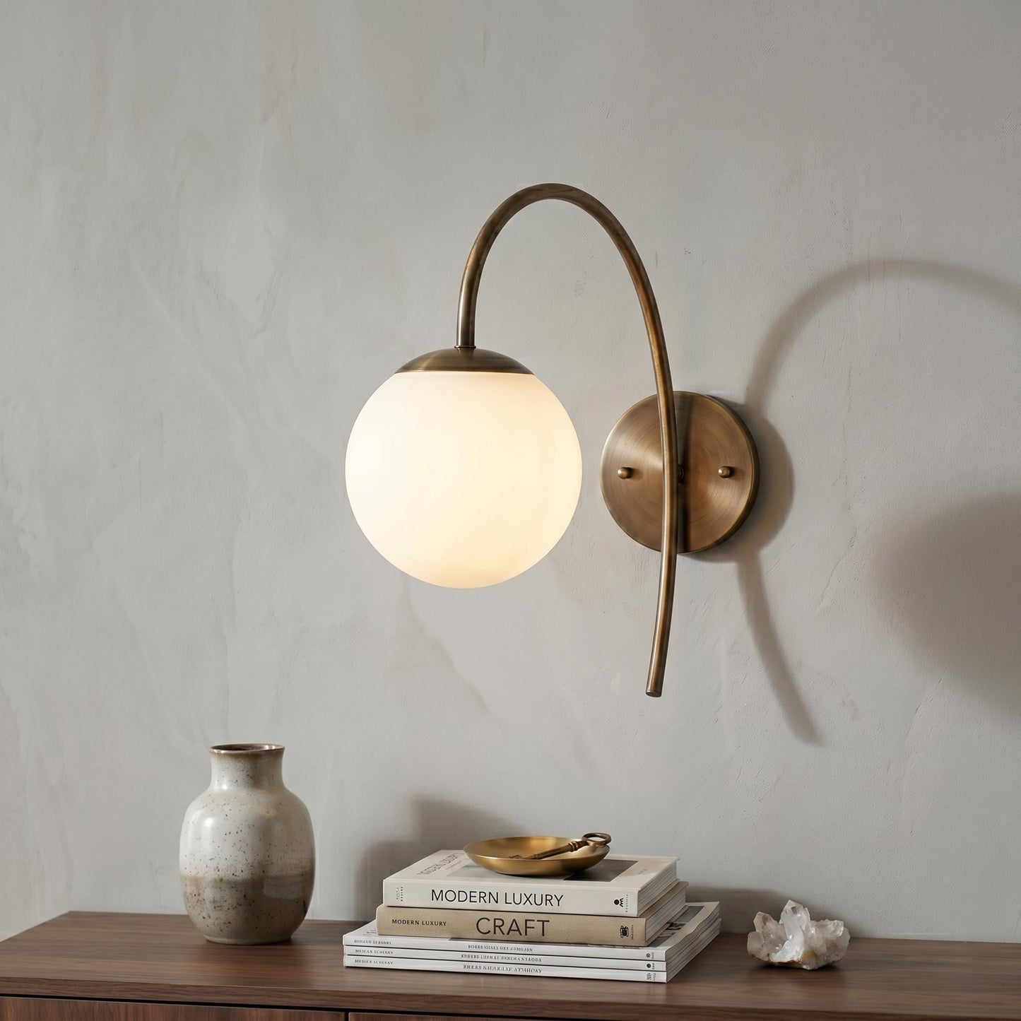 Arched Brass Wall Sconce, Opal Globe Light, Mid Century Arched Lamp, Bedside Lighting
