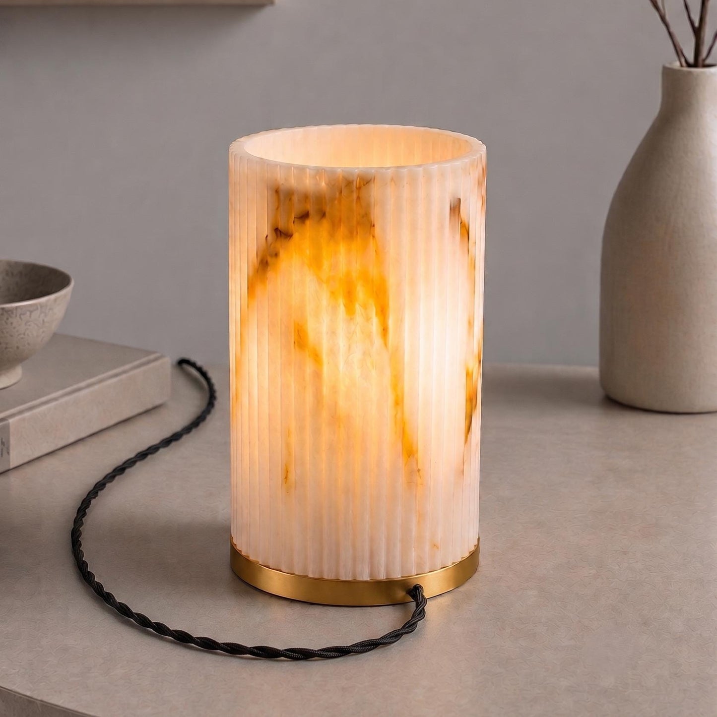 Modern Alabaster Table Lamp, Marble Effect Bedside Lamp, Ribbed Stone Accent Light, Brass Base, Minimal Home Decor