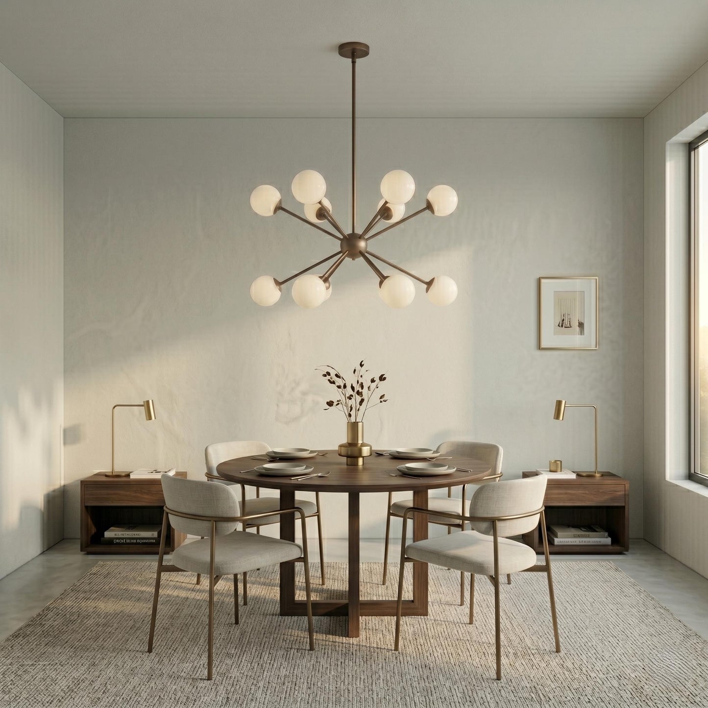 Sputnik Globe Chandelier, 12 Light Modern Chandelier, Mid Century Ceiling Light, Glass Globe Pendant, Brass Dining Room Chandelier