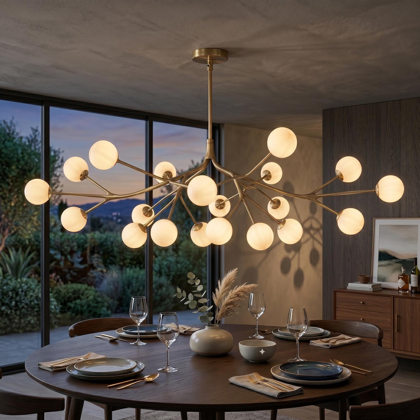 Luxury Brass Branch Chandelier – 20 Light Mid Century Opal Glass Fixture, Modern Statement Light