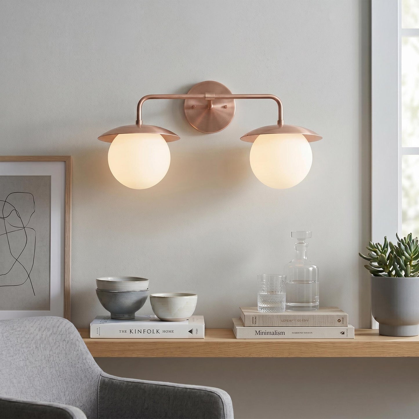 Brass Double Globe Wall Sconce – 22 Inches Mid Century Frosted Glass Lamp – Vanity Lighting