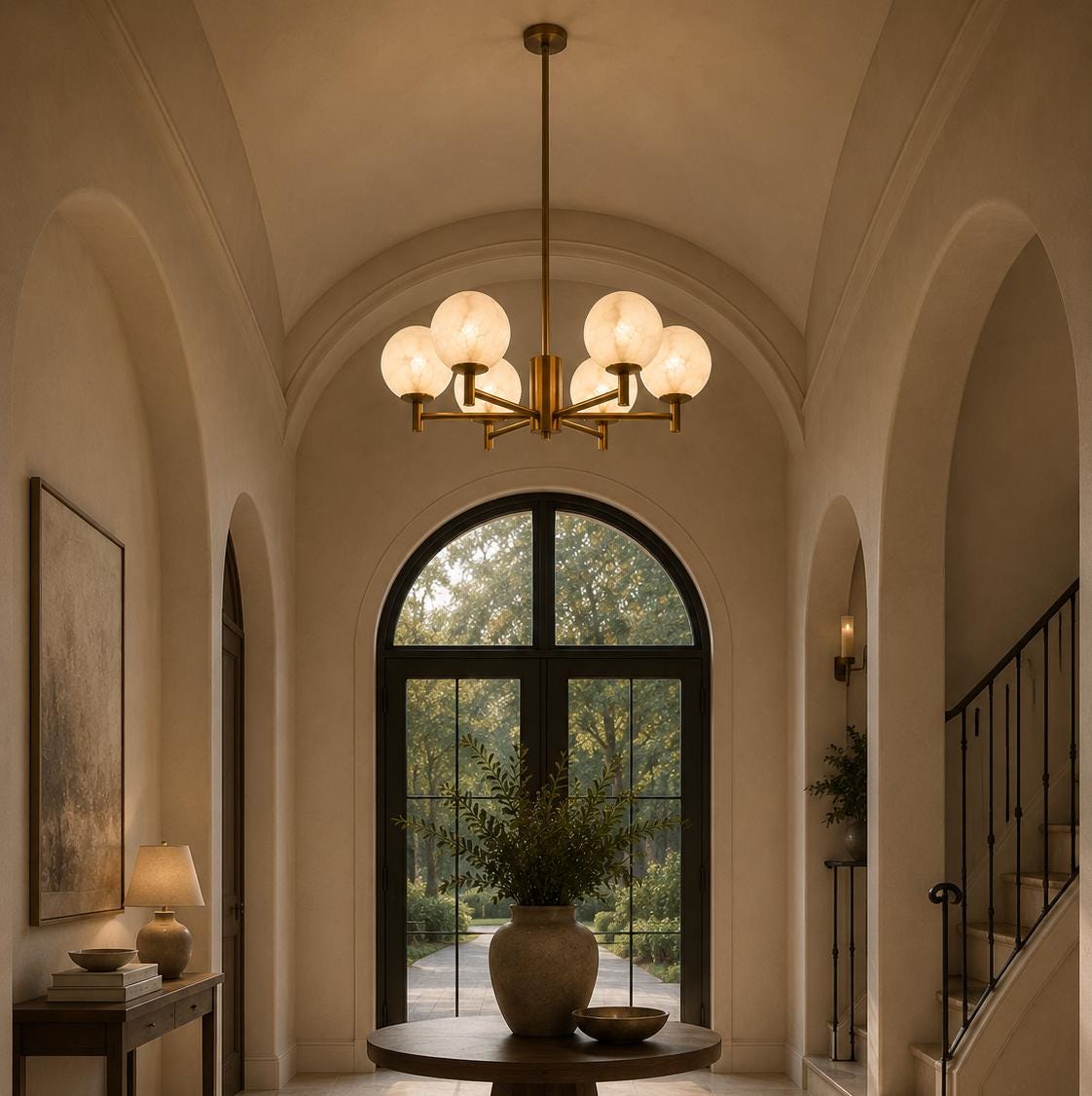 Alabaster Globe Chandelier, 6 Light Brass Ceiling Fixture, Modern Dining Room Lighting, Luxury Stone Chandelier