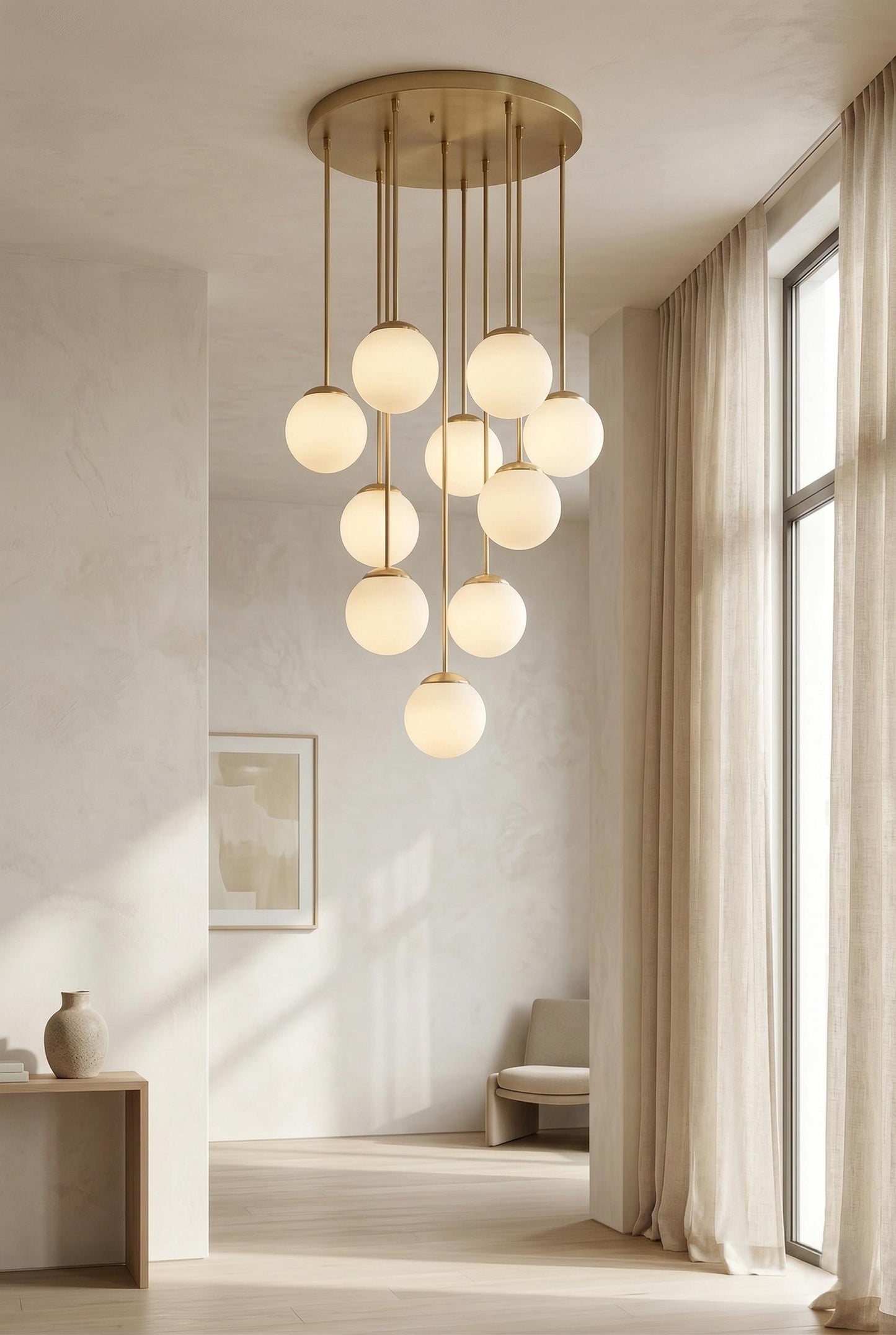 Large Brass Cluster Chandelier | Multi Globe Pendant Light, Staircase Lighting Fixture