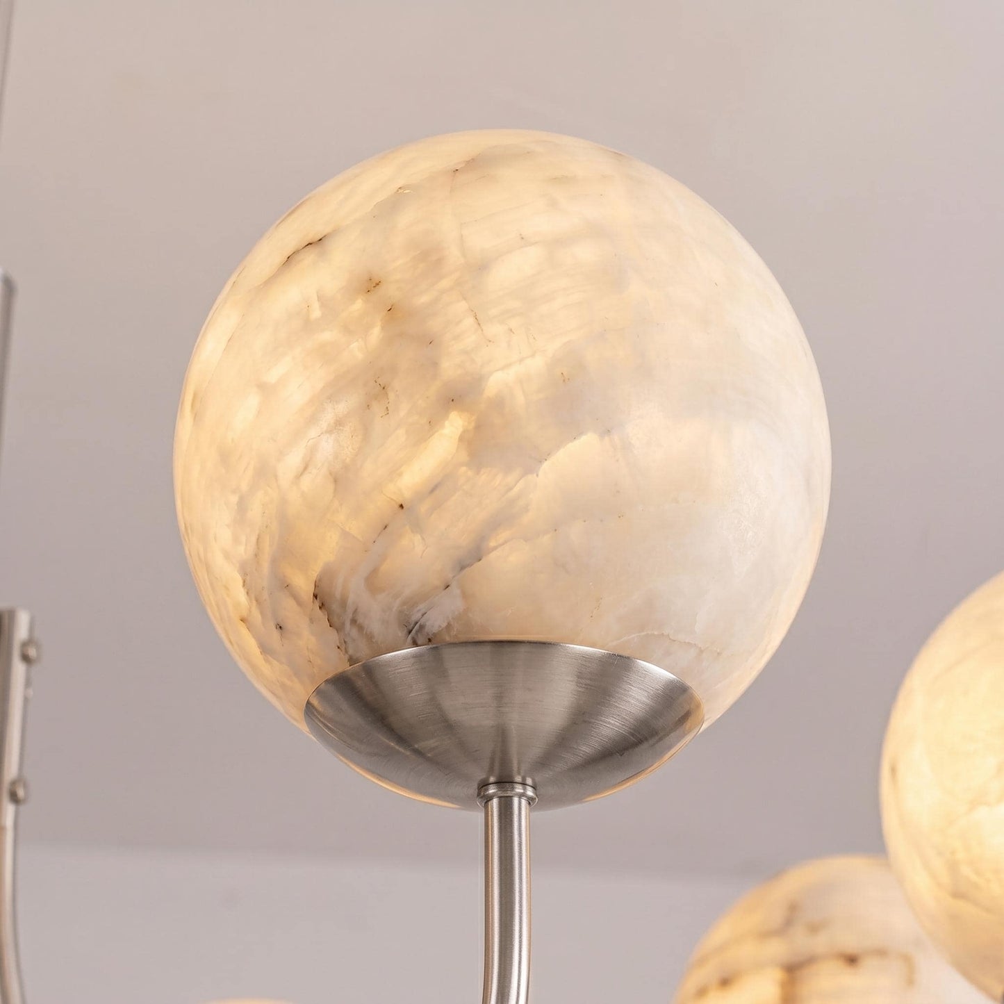 Natural Alabaster Globe Chandelier | 8 Light Brass Chandelier | Custom Finish Ceiling Light | Luxury Dining Room Lighting